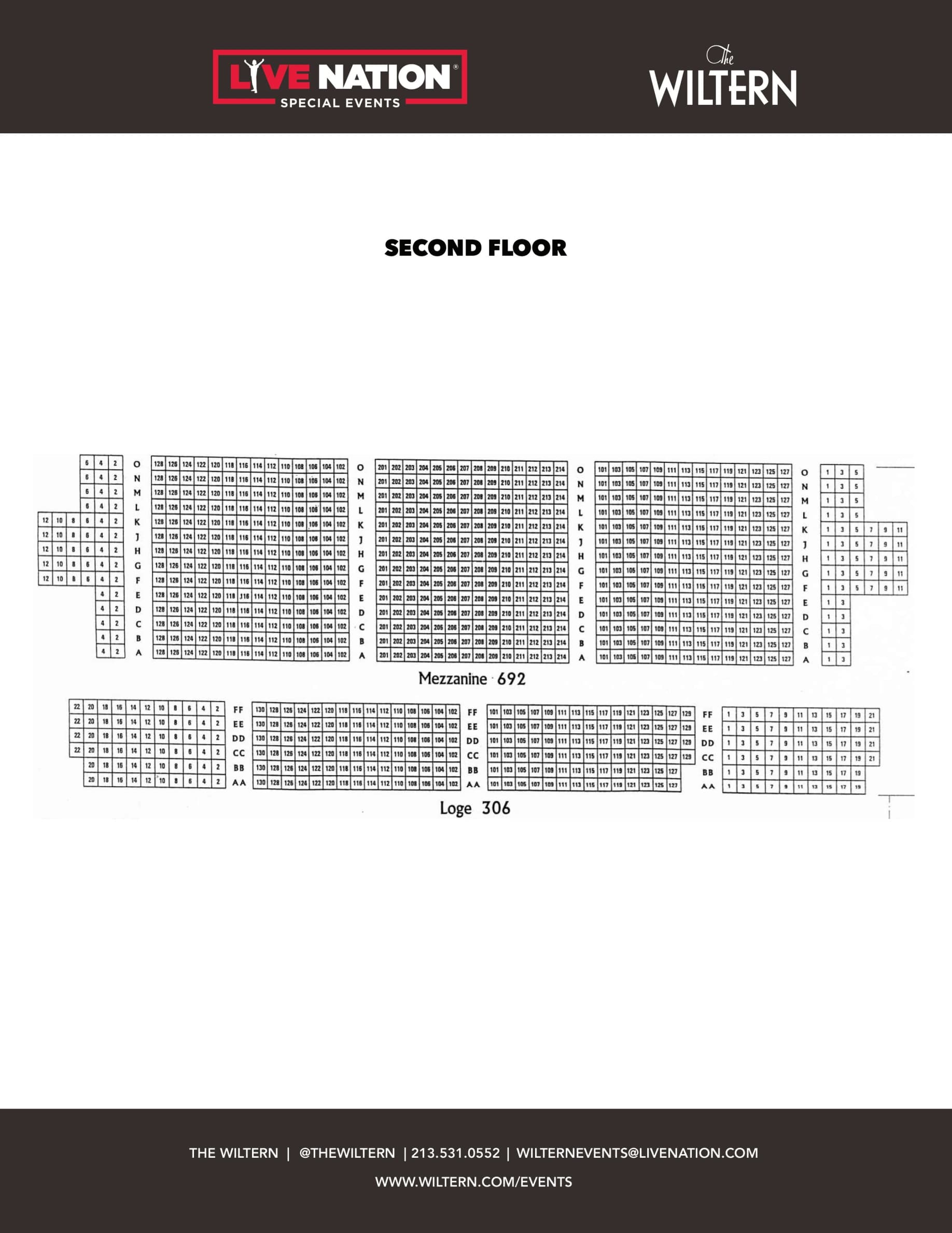 The Wiltern: Seating chart, The Wiltern — detailed Loge and Mezzanine seats. Use the source chart for section and row details.