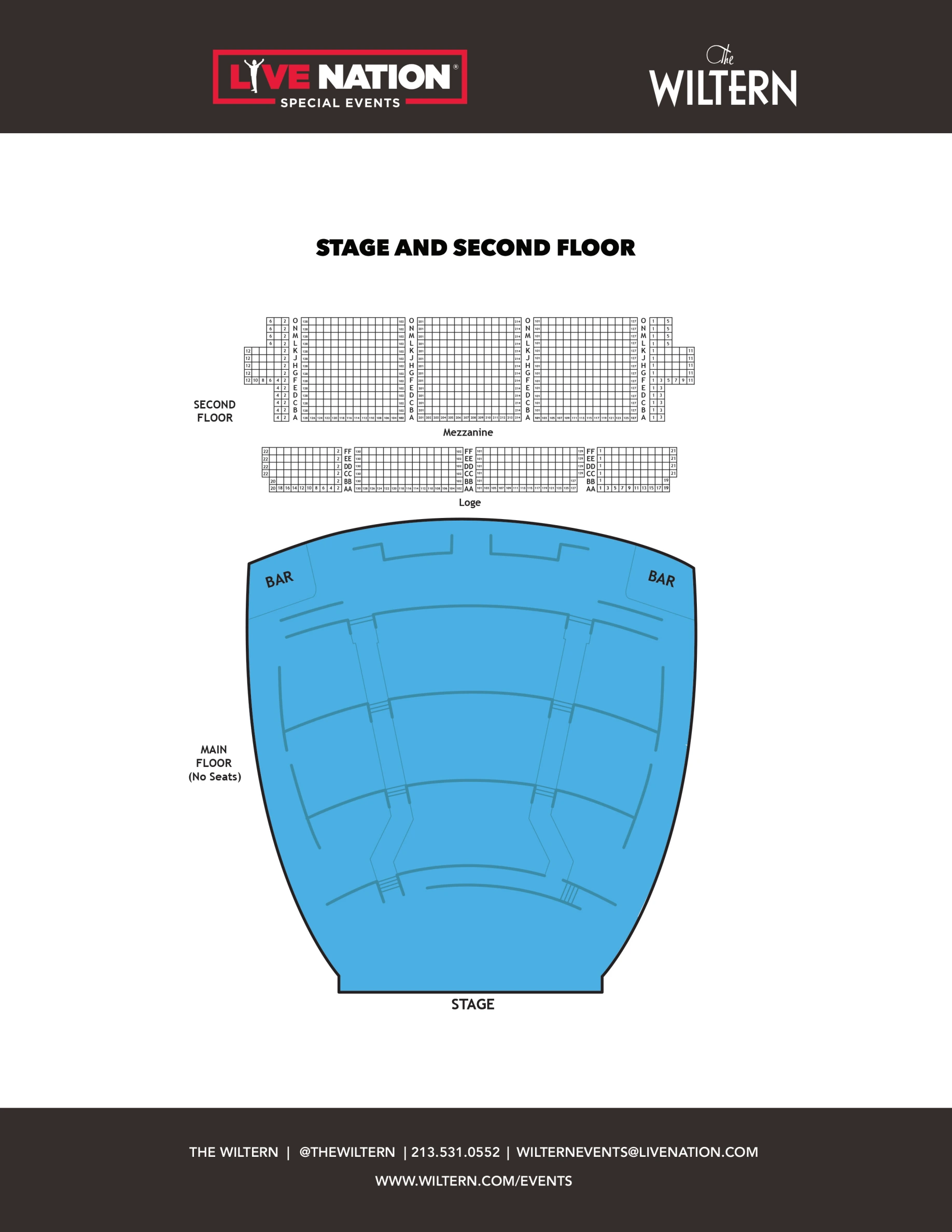 The Wiltern: Seating chart, The Wiltern — standing main floor with seated upper levels. Use the source chart for section and row details.