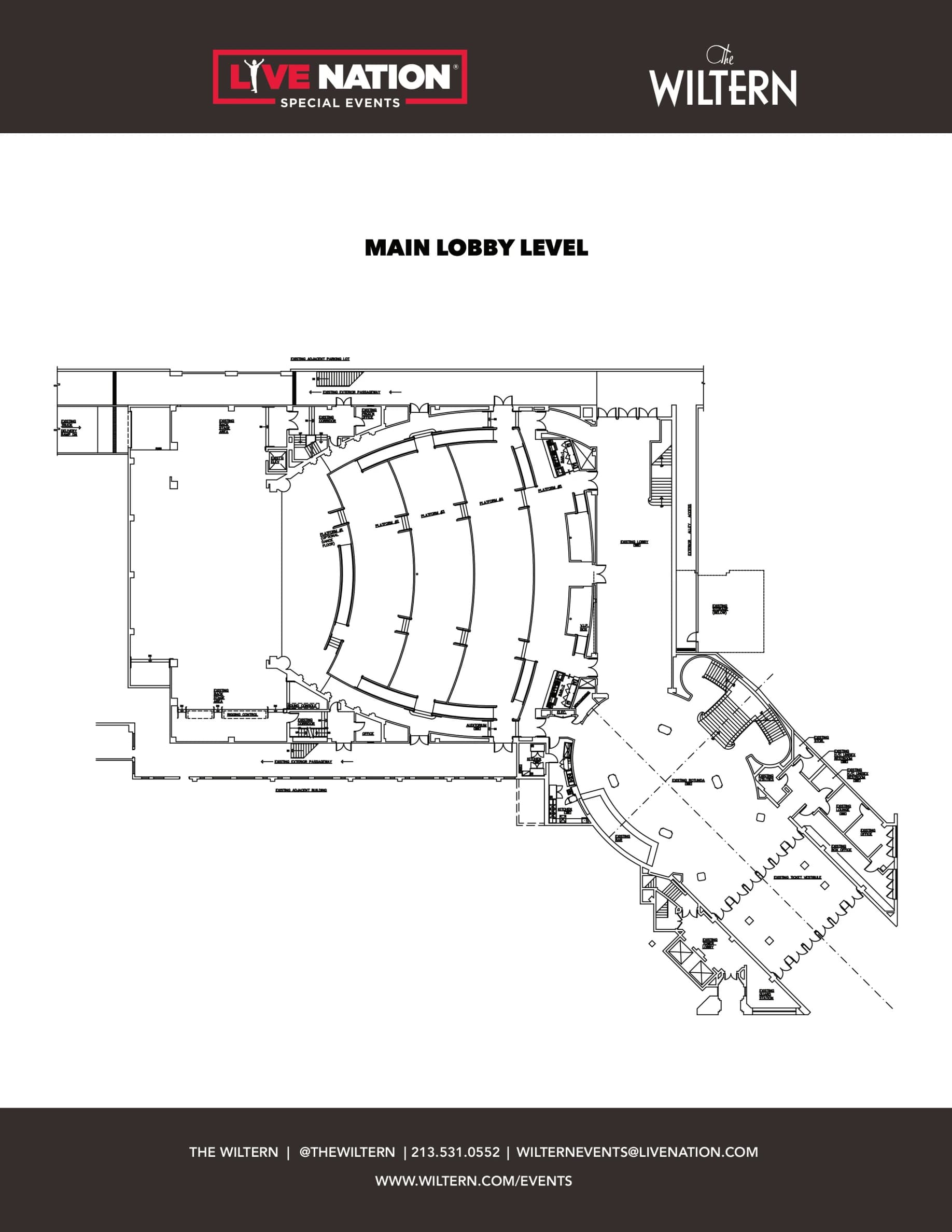 The Wiltern: Venue layout, The Wiltern — main lobby and main-floor access overview. Use the original map for routes and visitor facilities.