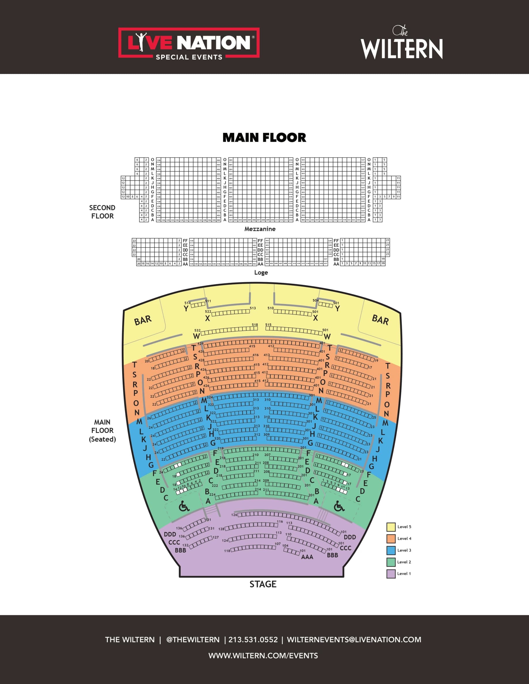 The Wiltern: Seating chart, The Wiltern — fully reserved main-floor arrangement. Use the source chart for section and row details.