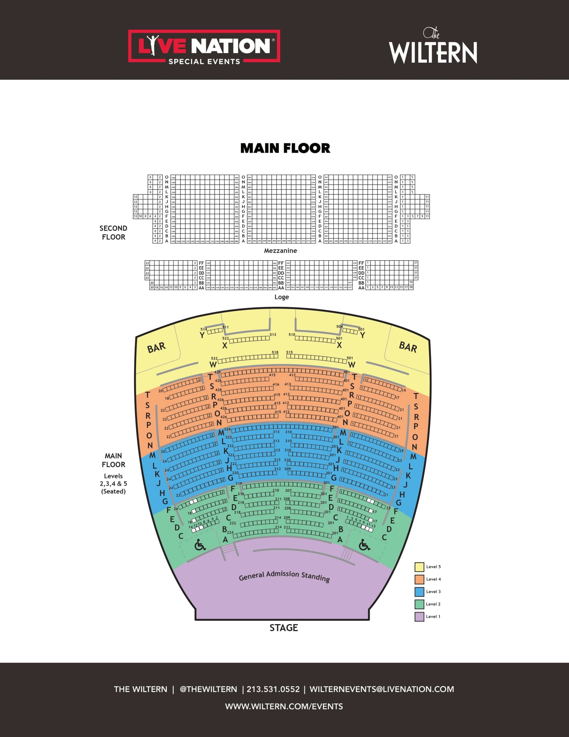 The Wiltern: Seating chart, The Wiltern — standing front pit with reserved rear floor. Use the source chart for section and row details.