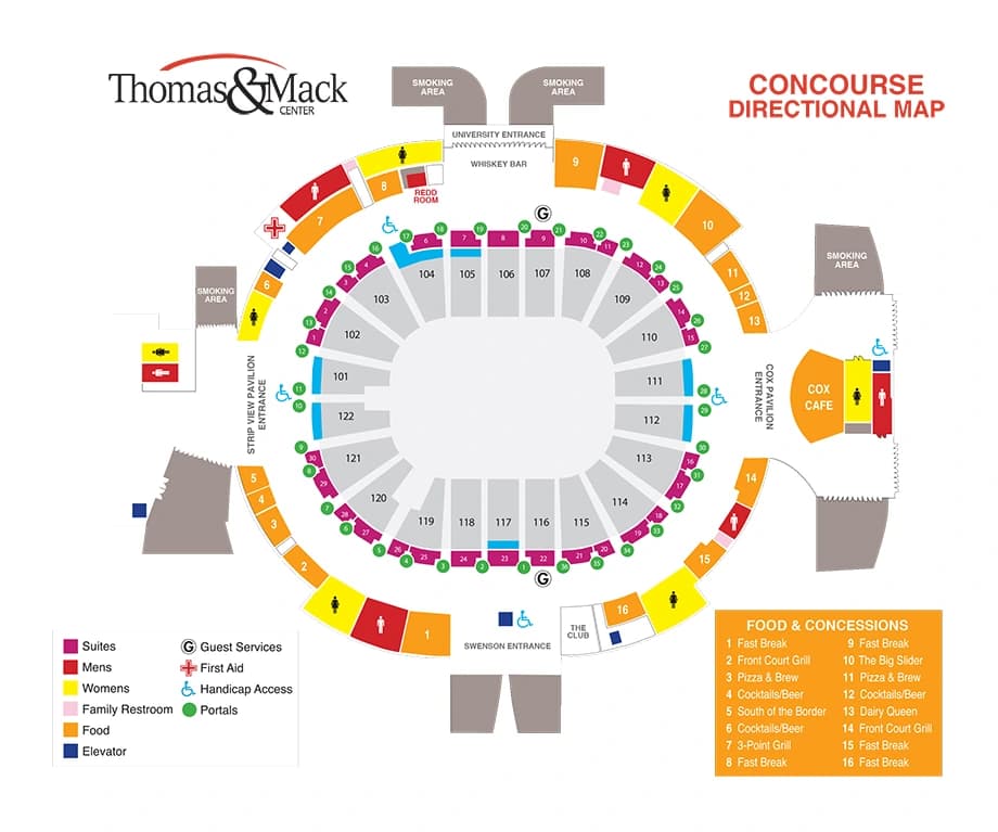 Thomas & Mack Center: Venue layout, Thomas & Mack Center — concourse and amenities. Use the original map for routes and visitor facilities.