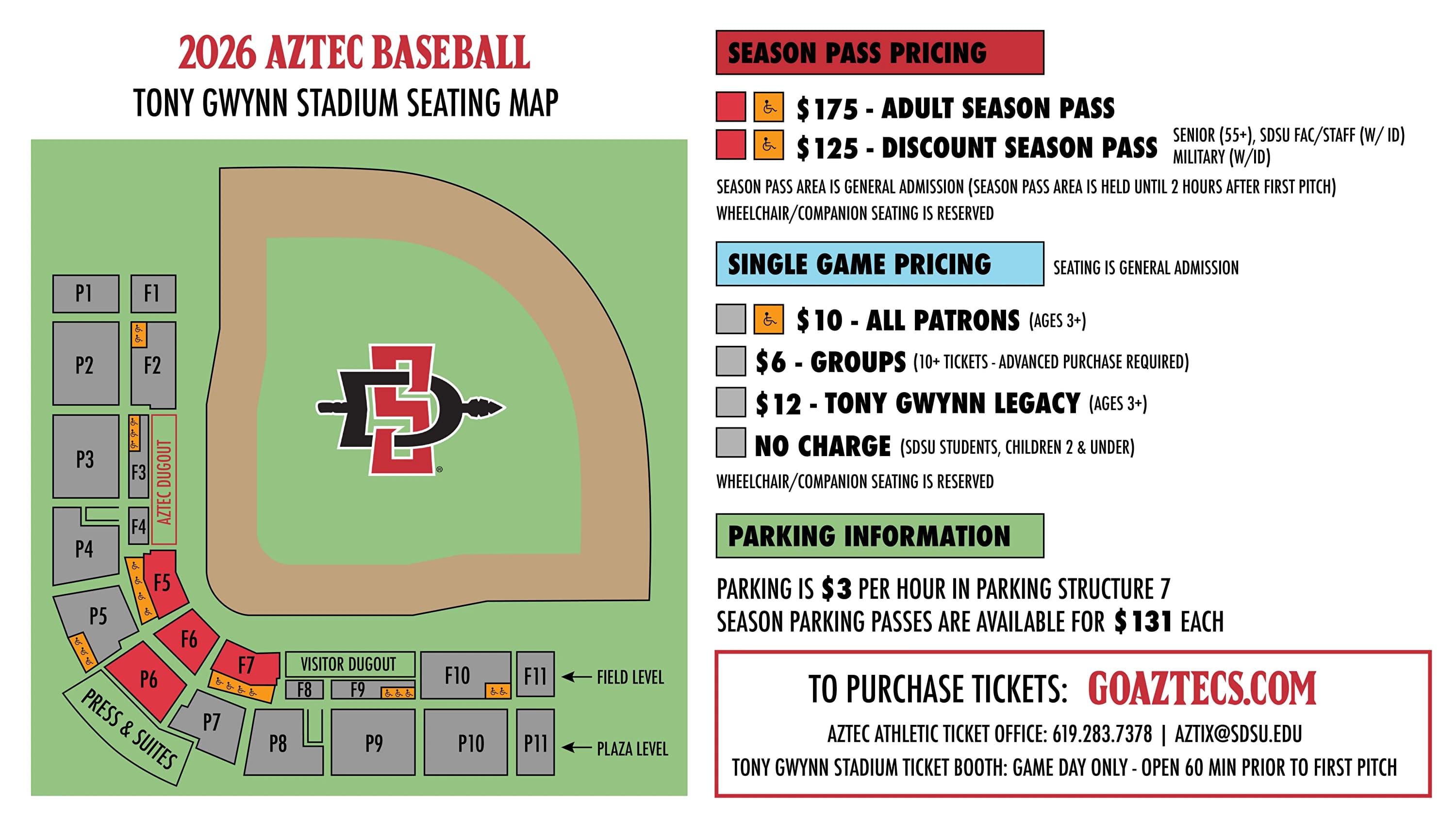 Tony Gwynn Stadium: Seating chart, Tony Gwynn Stadium — official 2026 seating and accessible-location diagram. Use the source chart for section and row details.