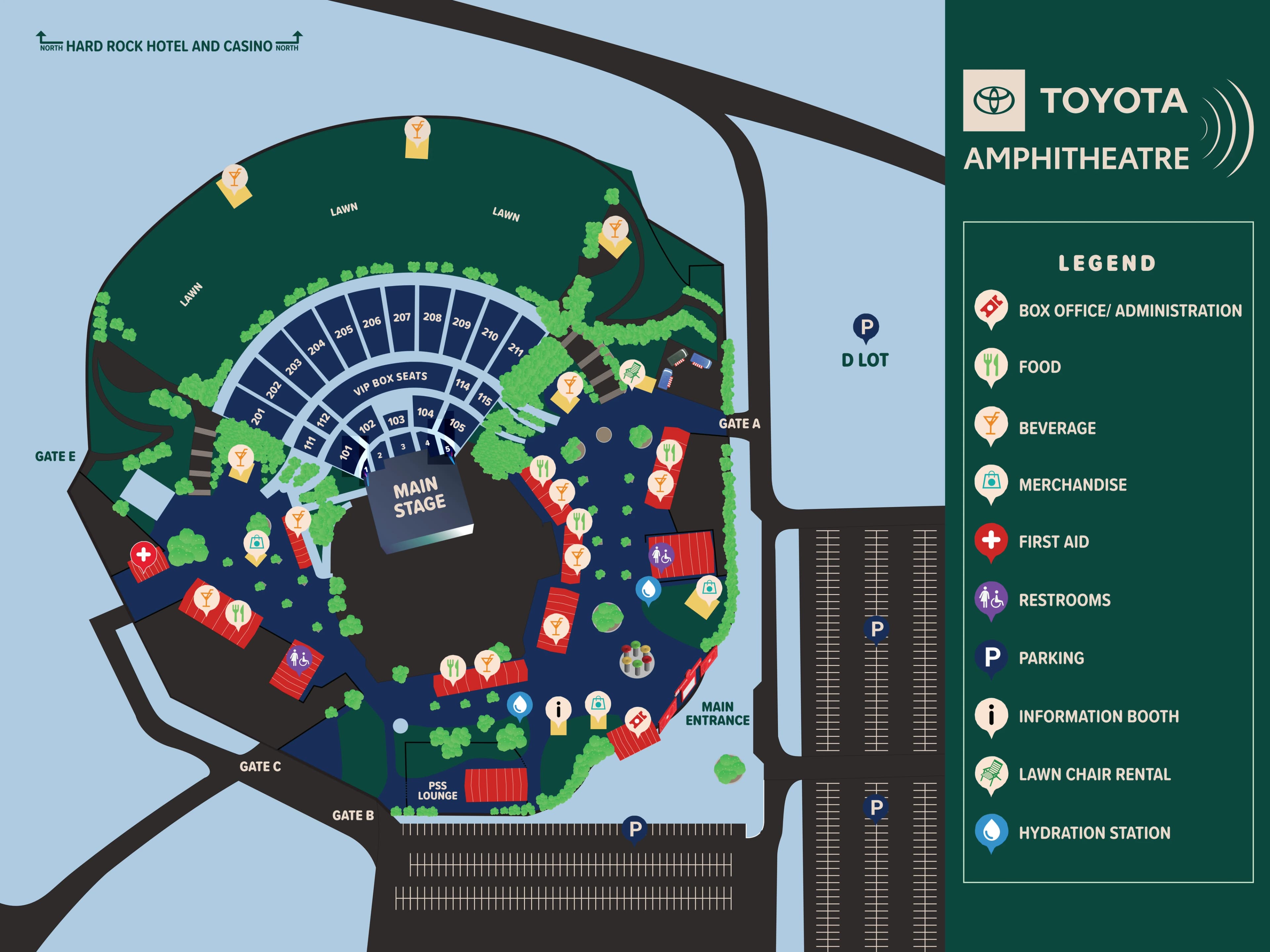 Toyota Amphitheatre: Venue layout, Toyota Amphitheatre in Wheatland — grounds, sections and amenities. Use the original map for routes and visitor facilities.