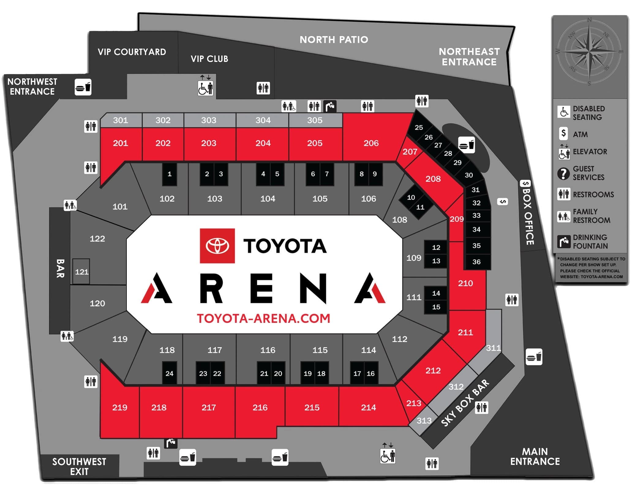 Toyota Arena: Seating chart, Arena seating and facilities. Use the source chart for section and row details.