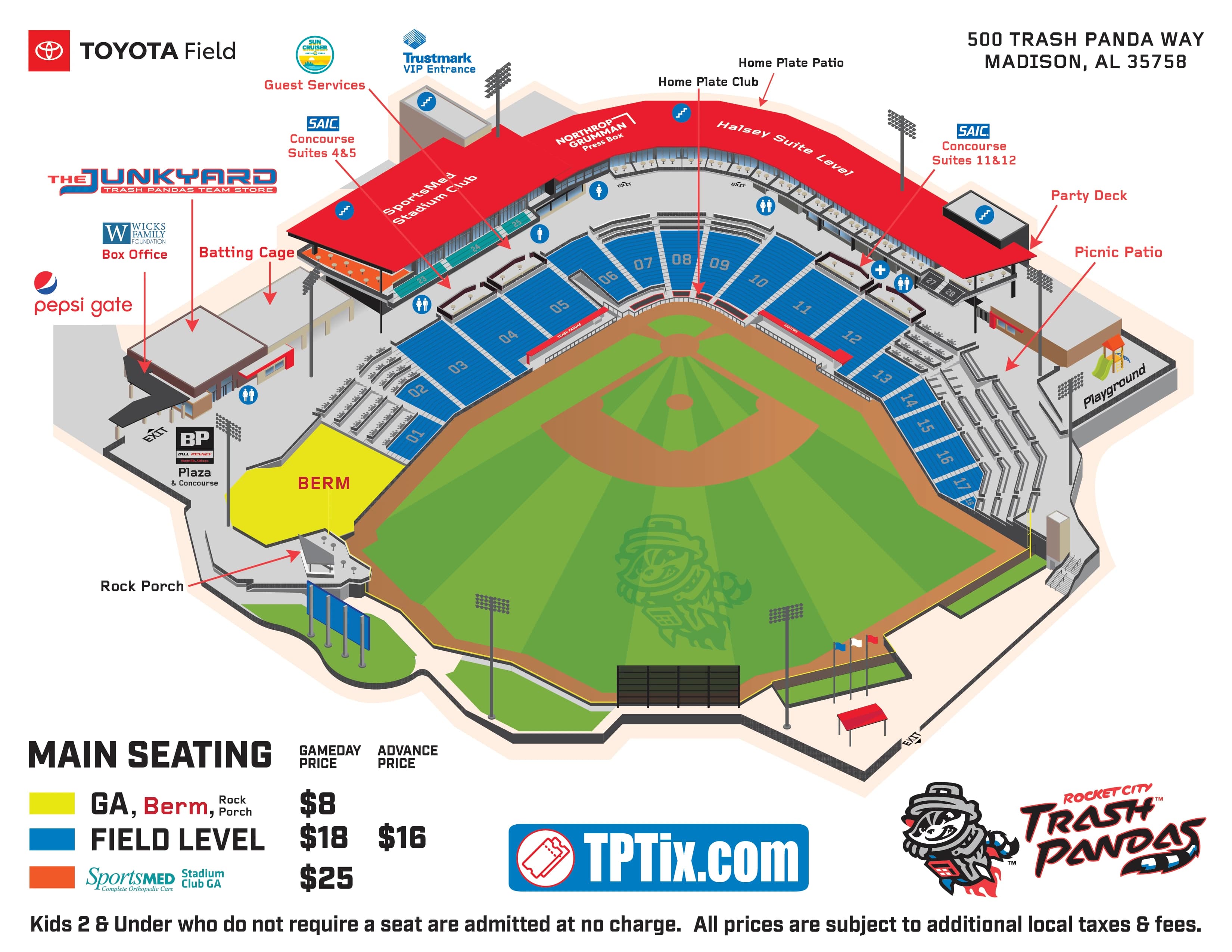Toyota Field: Seating chart, Baseball · Toyota Field numbered sections and berm. Use the source chart for section and row details.