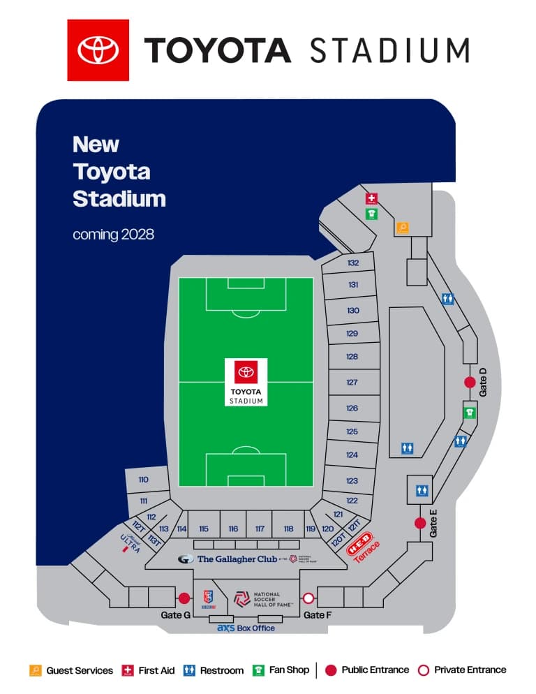 Toyota Stadium: Seating chart, Toyota Stadium — fall 2026 construction-phase seating and entry. Use the source chart for section and row details.