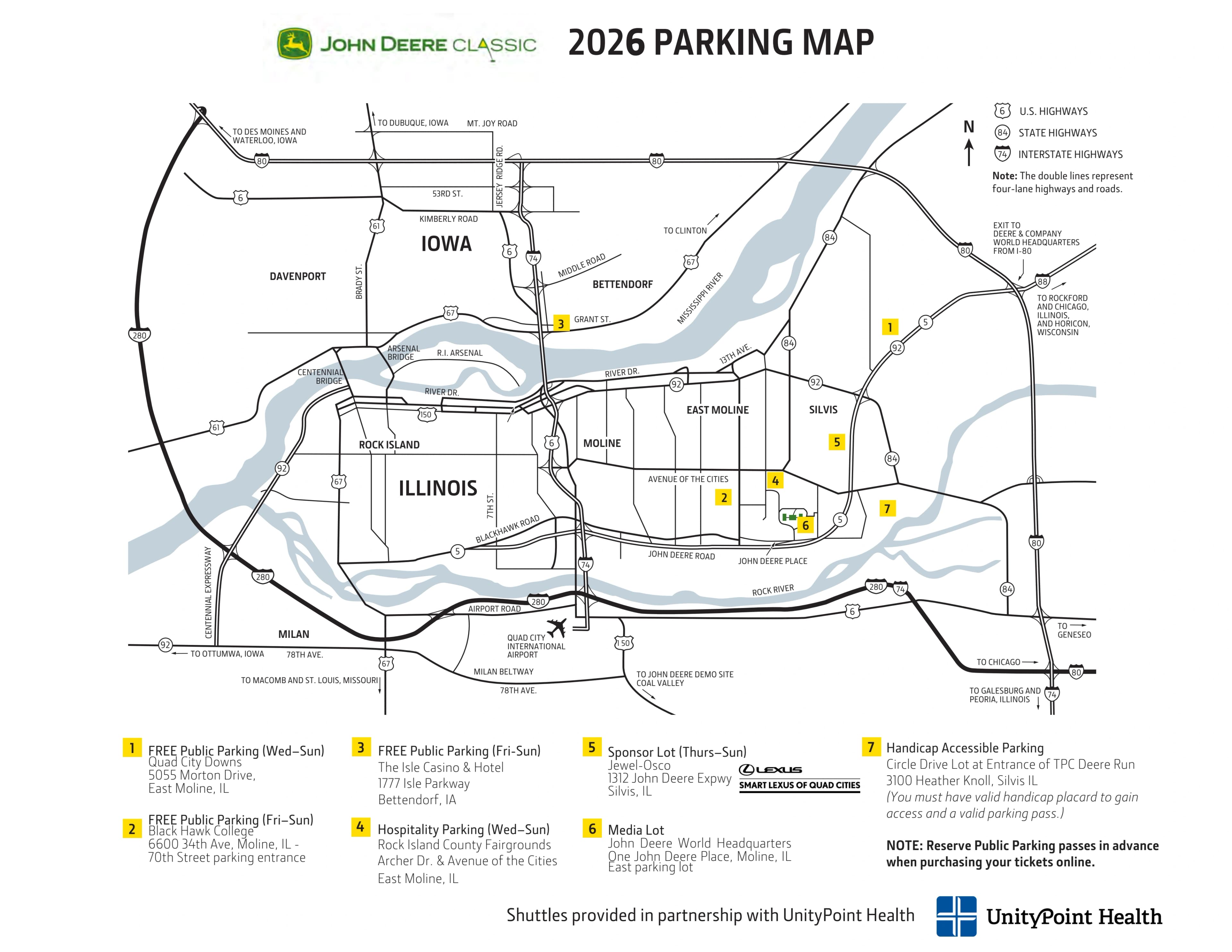 TPC Deere Run: Venue layout, 2026 John Deere Classic · regional parking and shuttle plan. Use the original map for routes and visitor facilities.