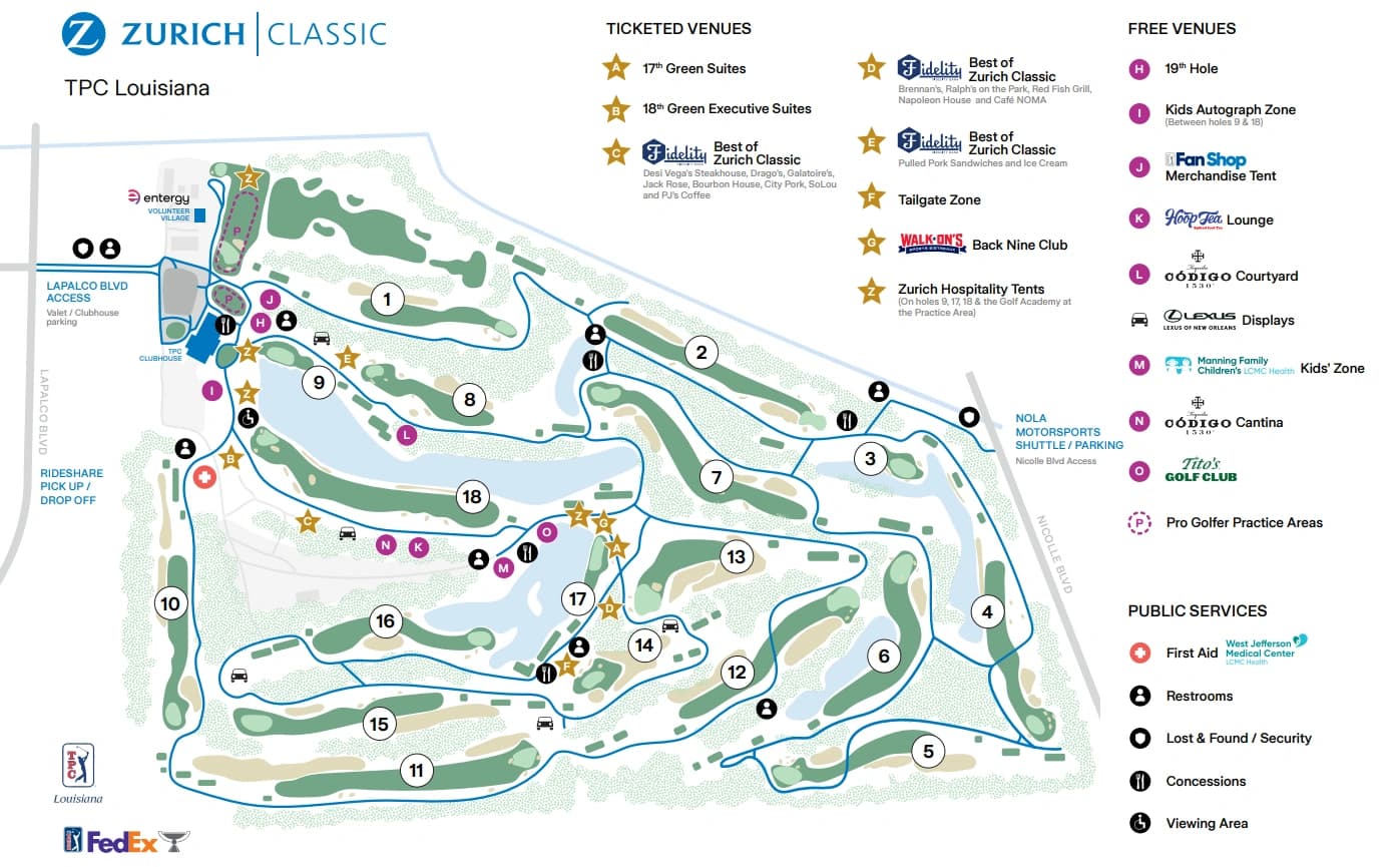 TPC Louisiana: Venue layout, 2026 Zurich Classic · TPC Louisiana course and spectator access. Use the original map for routes and visitor facilities.