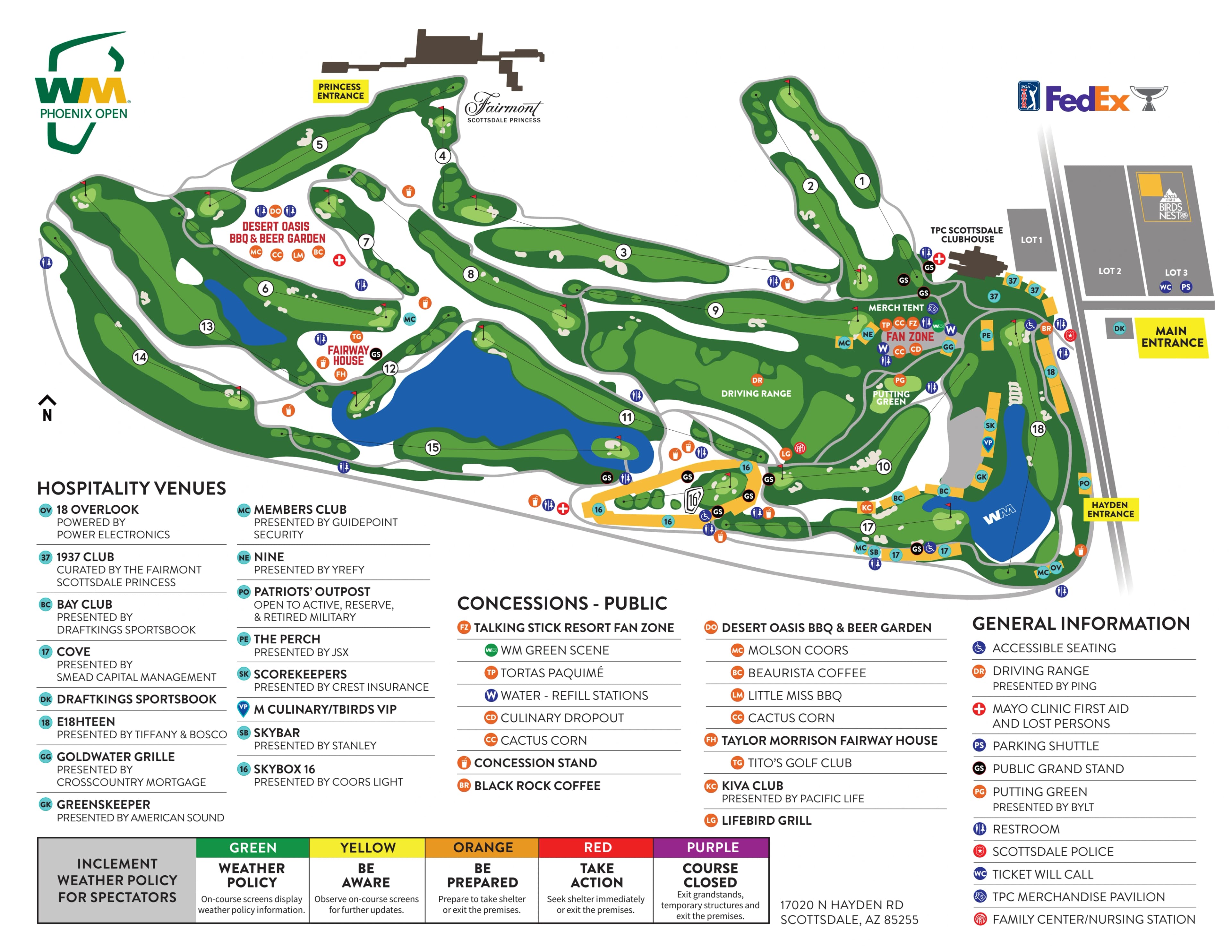 TPC Scottsdale Stadium Course: Venue layout, 2026 WM Phoenix Open · Stadium Course spectator reference. Use the original map for routes and visitor facilities.