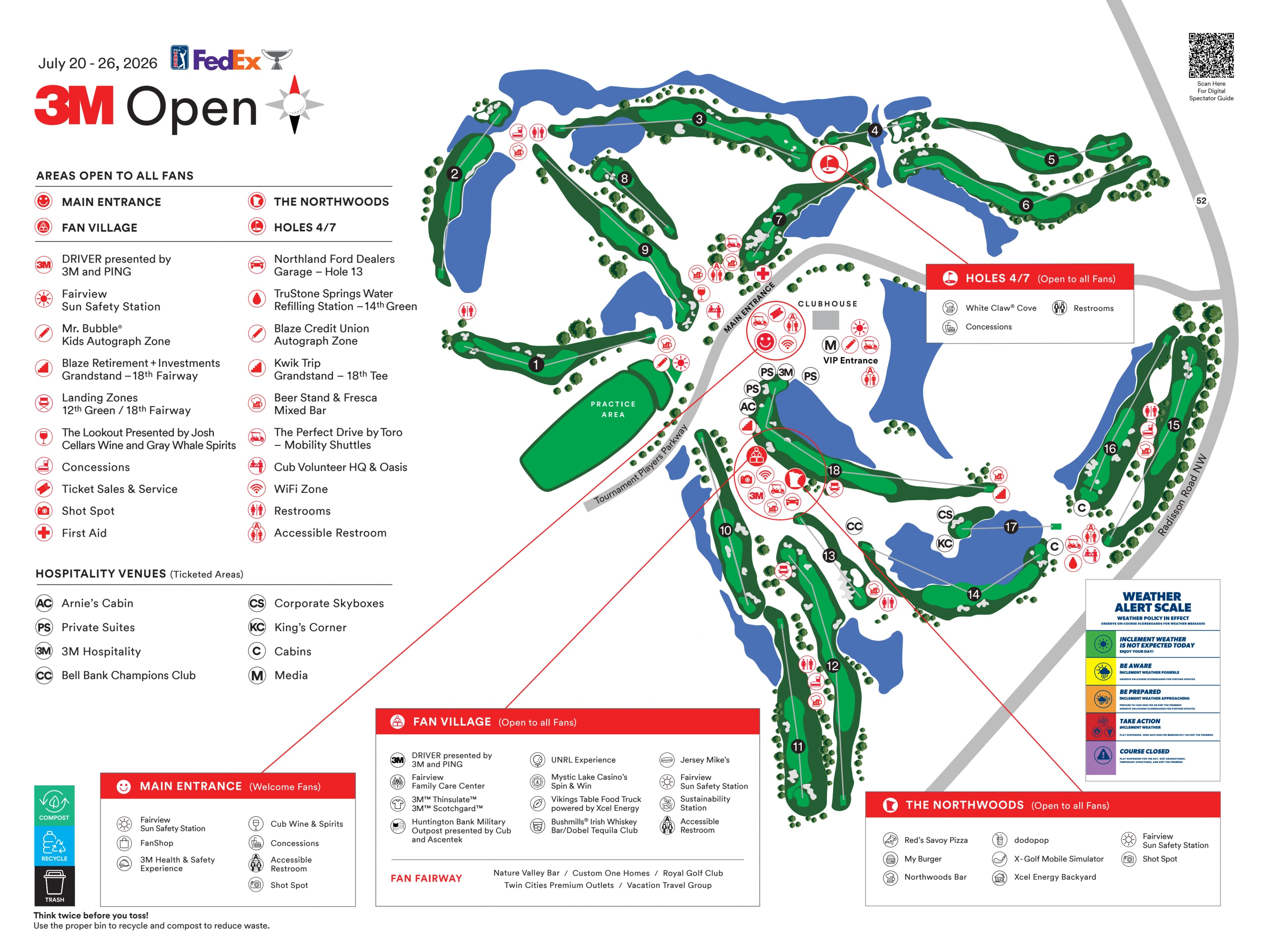 TPC Twin Cities: Venue layout, July 2026 3M Open · course, public amenities and hospitality. Use the original map for routes and visitor facilities.