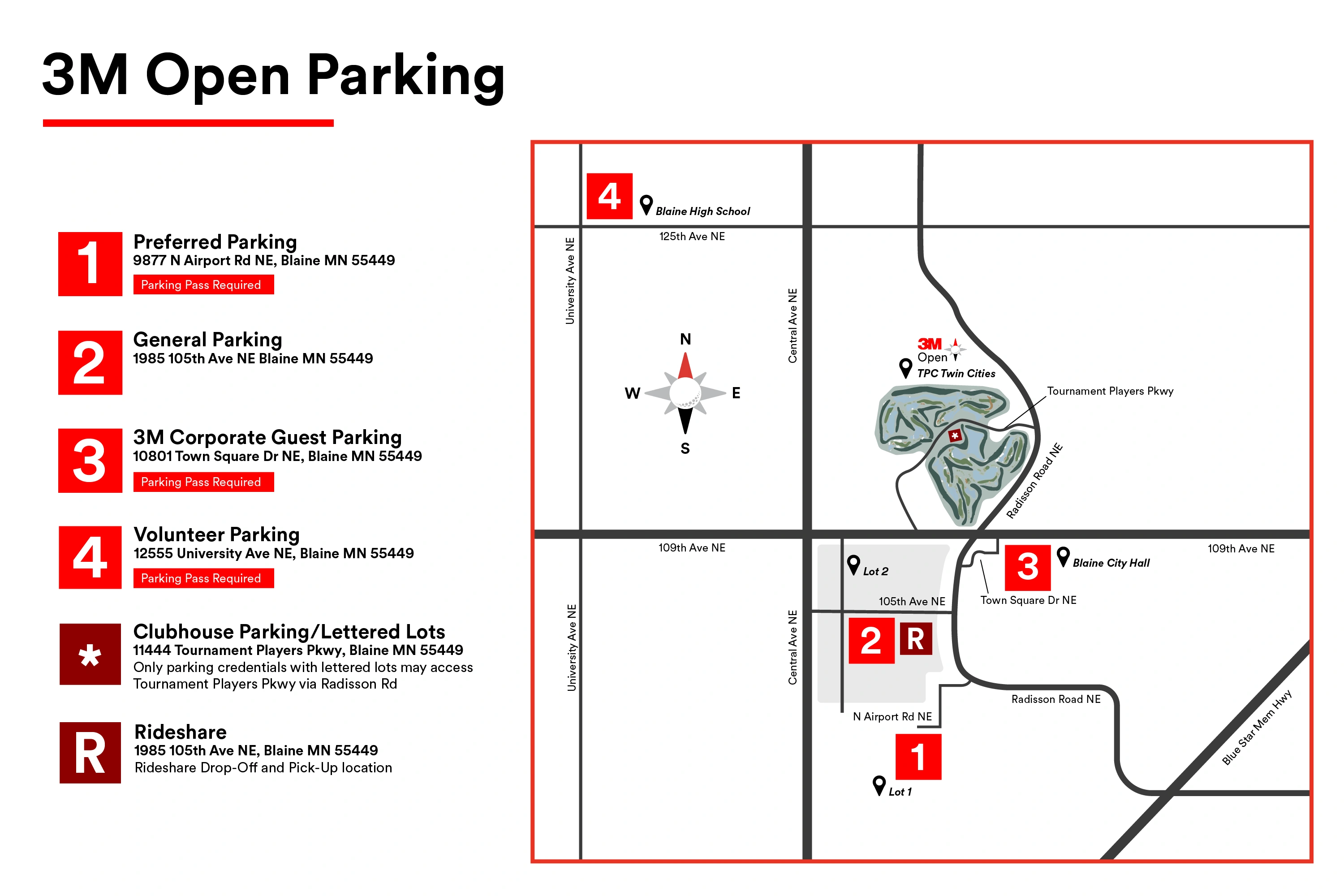 TPC Twin Cities: Venue layout, 2026 3M Open · full regional parking and rideshare reference. Use the original map for routes and visitor facilities.