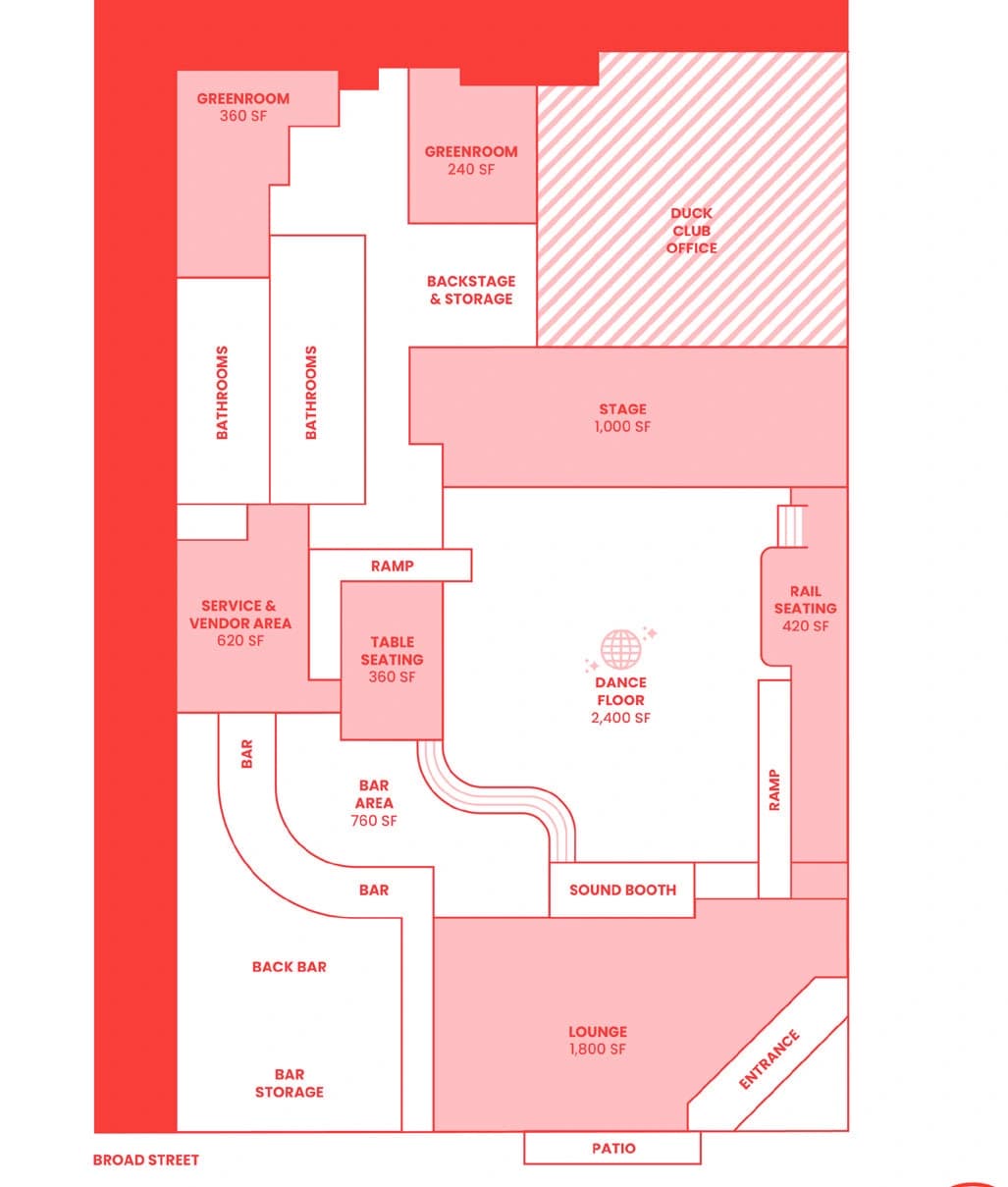 Treefort Music Hall: Venue layout, Published reference · Treefort Music Hall audience areas and Broad Street entry. Use the original map for routes and visitor facilities.