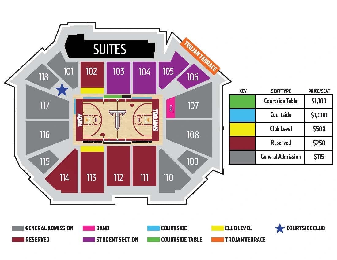 Trojan Arena: Seating chart, Owner-linked basketball chart published August 2026 · sections and categories. Use the source chart for section and row details.