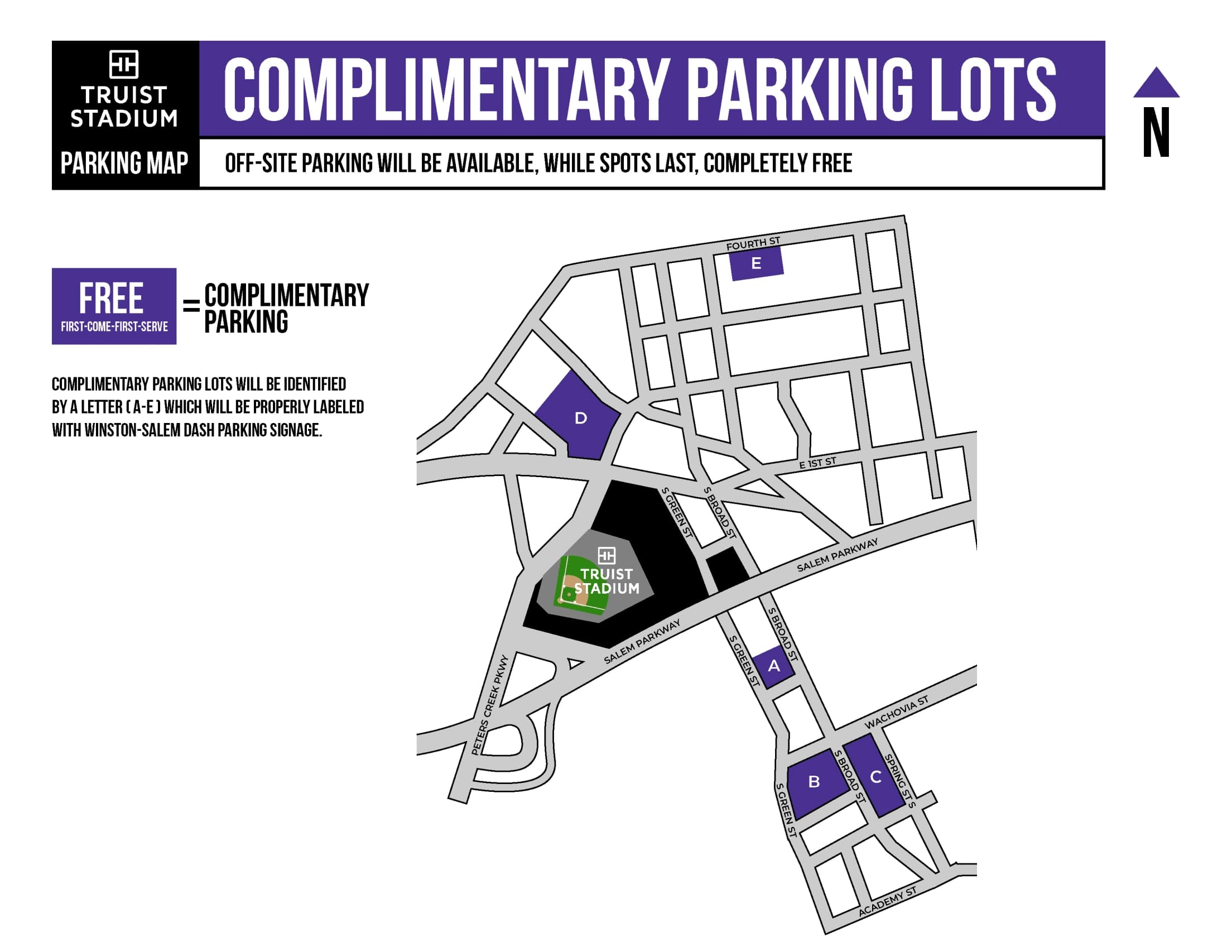 Truist Stadium: Venue layout, Arrival · Truist Stadium complimentary off-site lots and nearby streets. Use the original map for routes and visitor facilities.