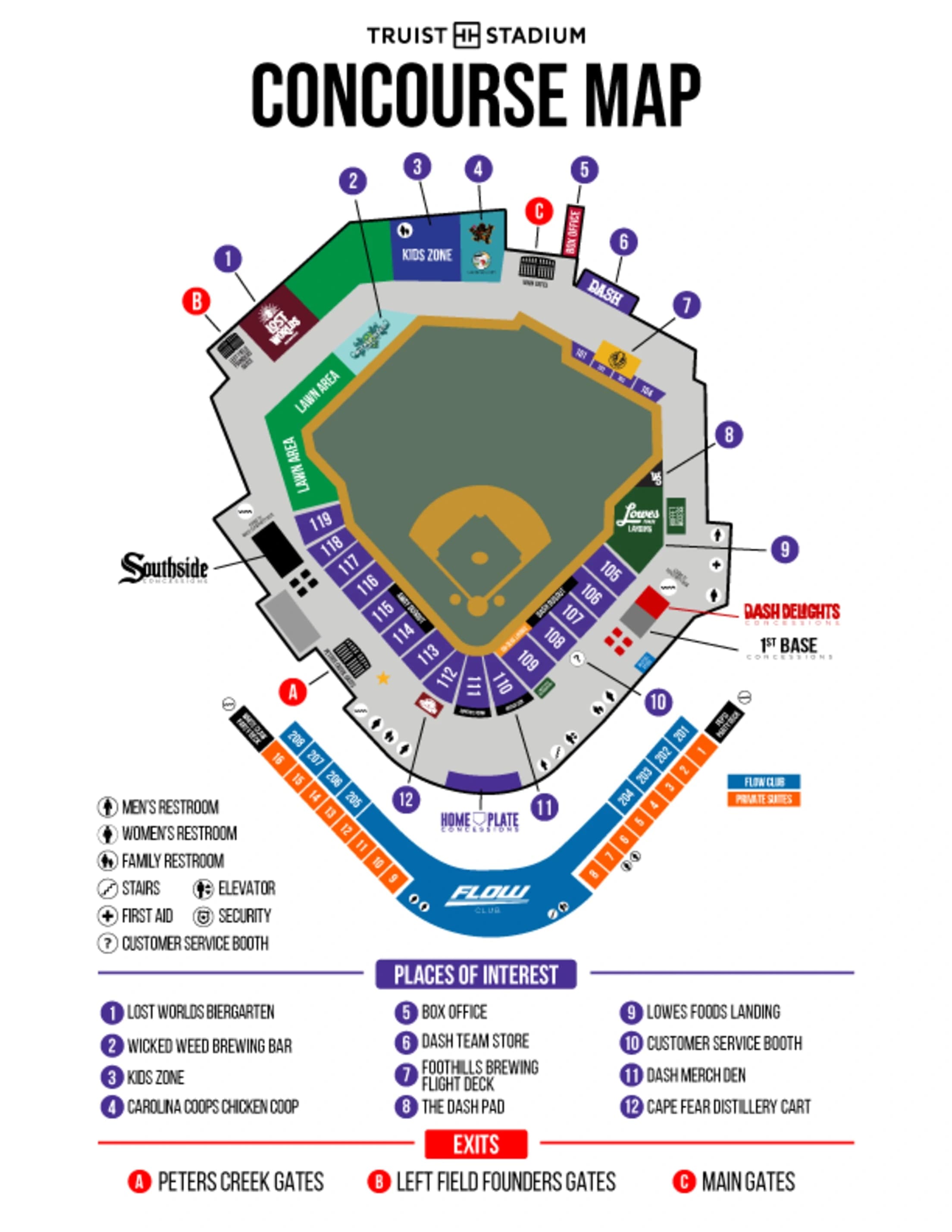 Truist Stadium: Seating chart, Baseball · Truist Stadium numbered seating and concourse amenities. Use the source chart for section and row details.