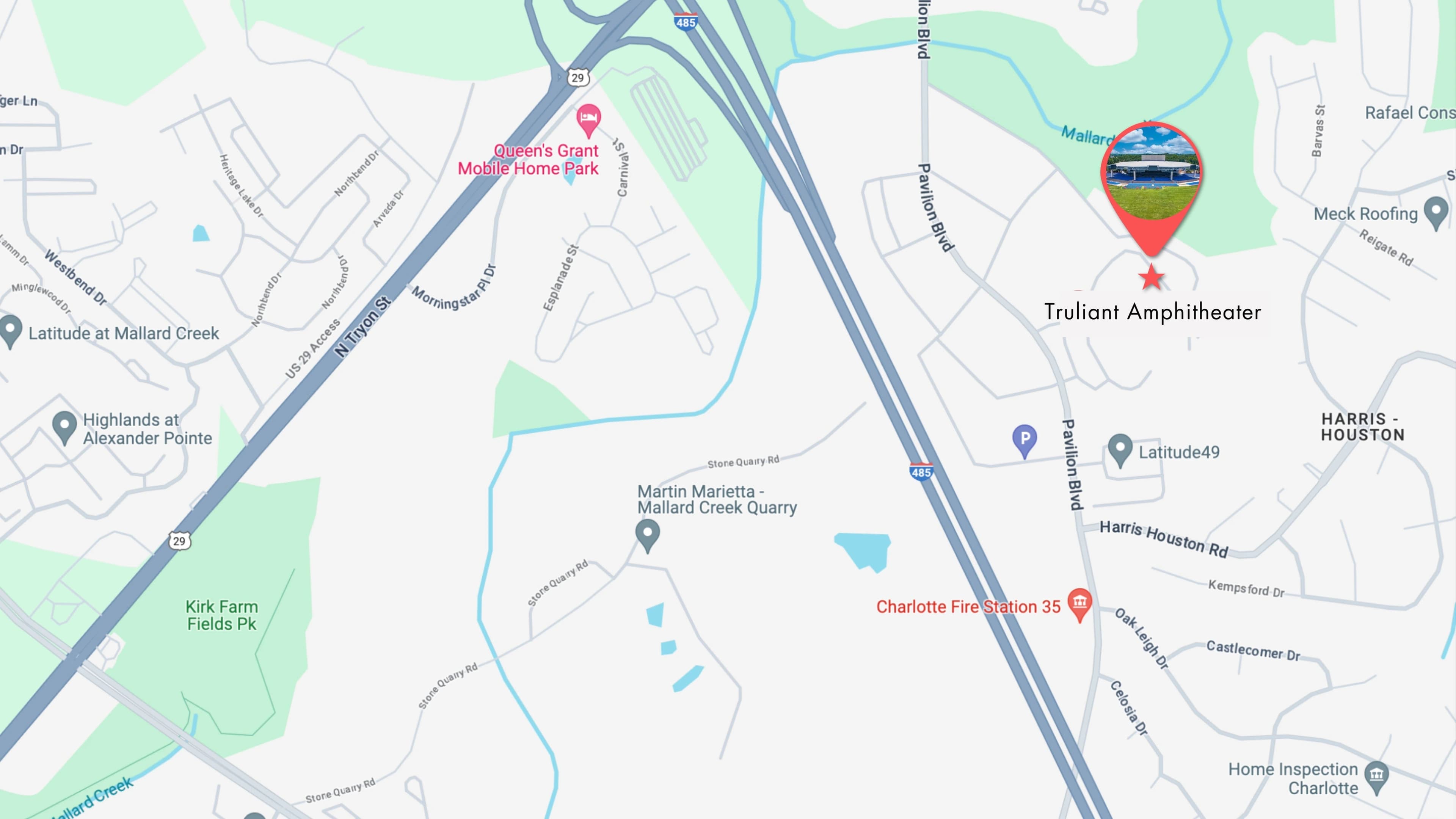 Truliant Amphitheater: Venue layout, Truliant Amphitheater — I-485, US 29 and Pavilion Boulevard approach. Use the original map for routes and visitor facilities.