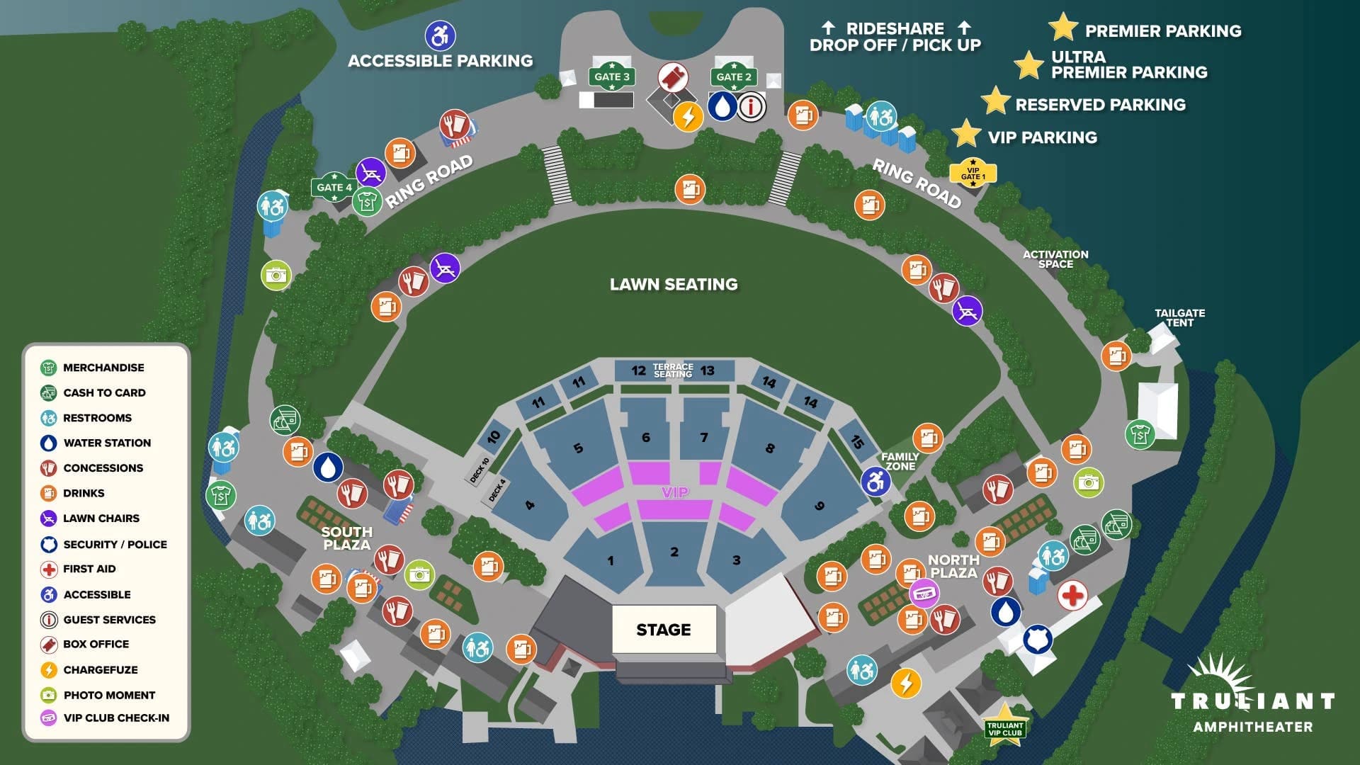 Truliant Amphitheater: Venue layout, Concert pavilion — sections, lawn, and amenities. Use the original map for routes and visitor facilities.