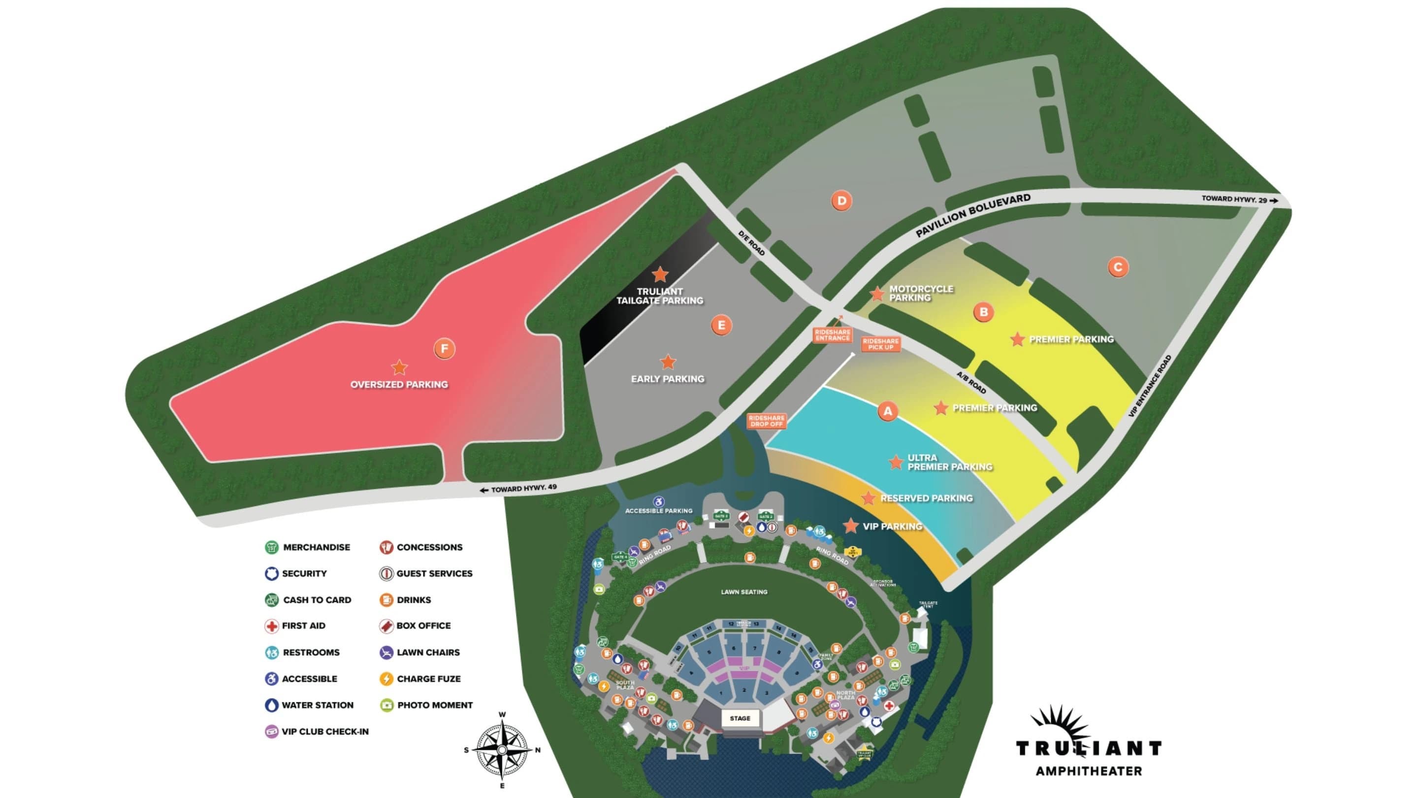 Truliant Amphitheater: Venue layout, Truliant Amphitheater — parking lots, rideshare and grounds. Use the original map for routes and visitor facilities.