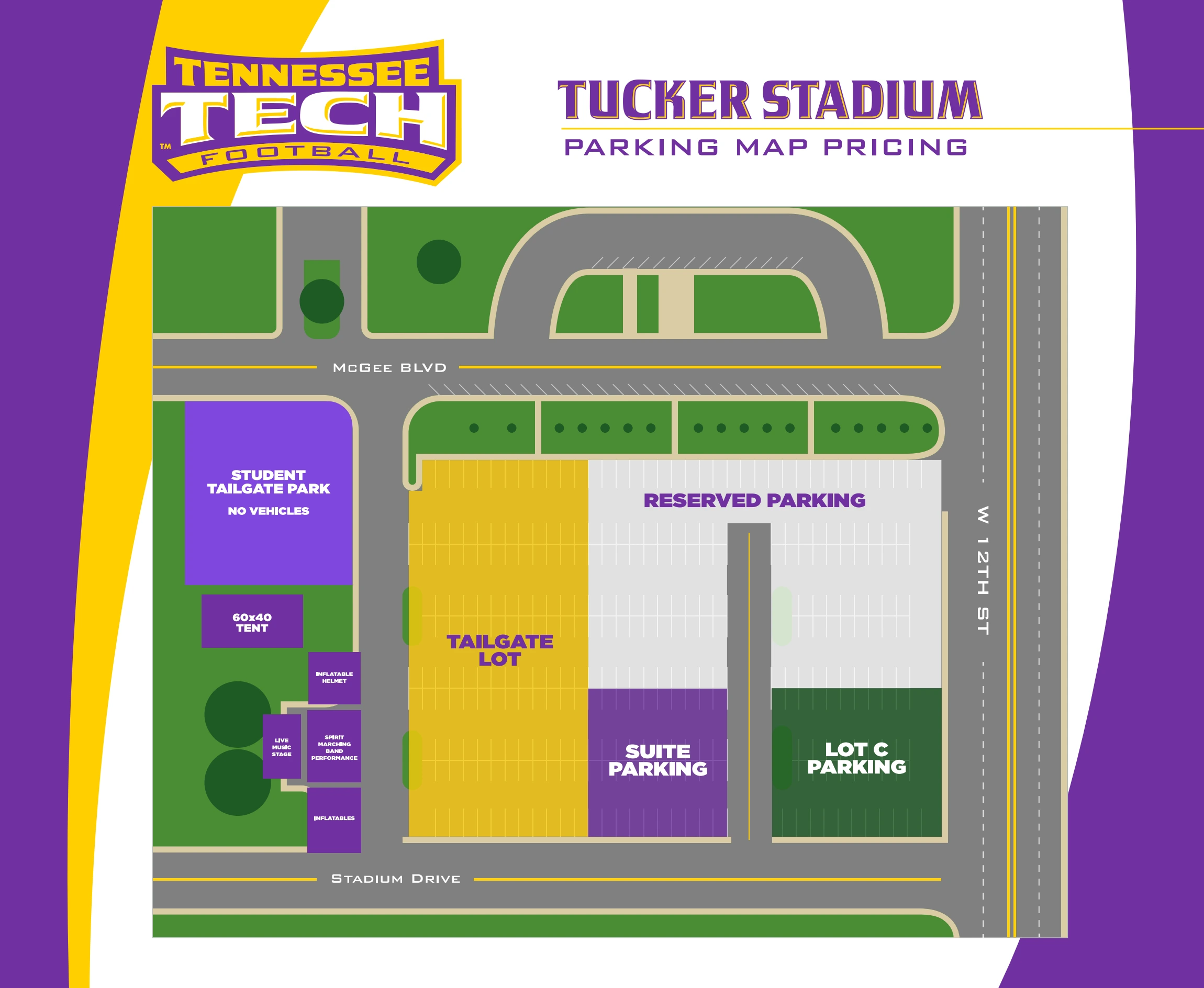 Tucker Stadium: Venue layout, Football parking · 2026. Use the original map for routes and visitor facilities.