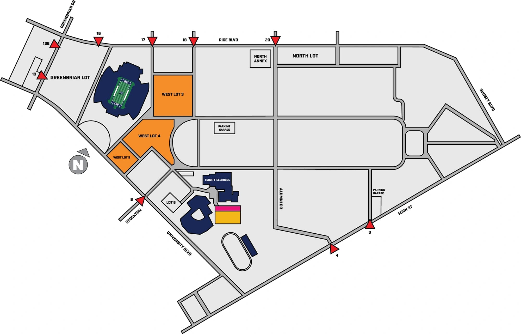 Tudor Fieldhouse: Venue layout, Tudor men’s basketball parking — current-linked 2020 reference. Use the original map for routes and visitor facilities.