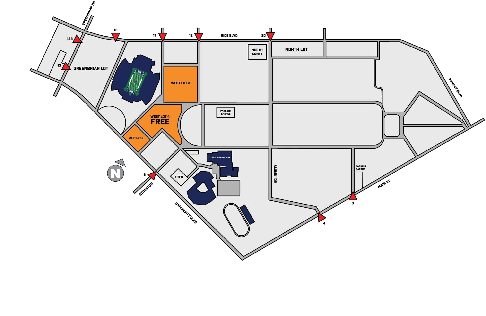 Tudor Fieldhouse: Venue layout, Tudor women’s basketball and volleyball parking — current-linked 2023 plan. Use the original map for routes and visitor facilities.