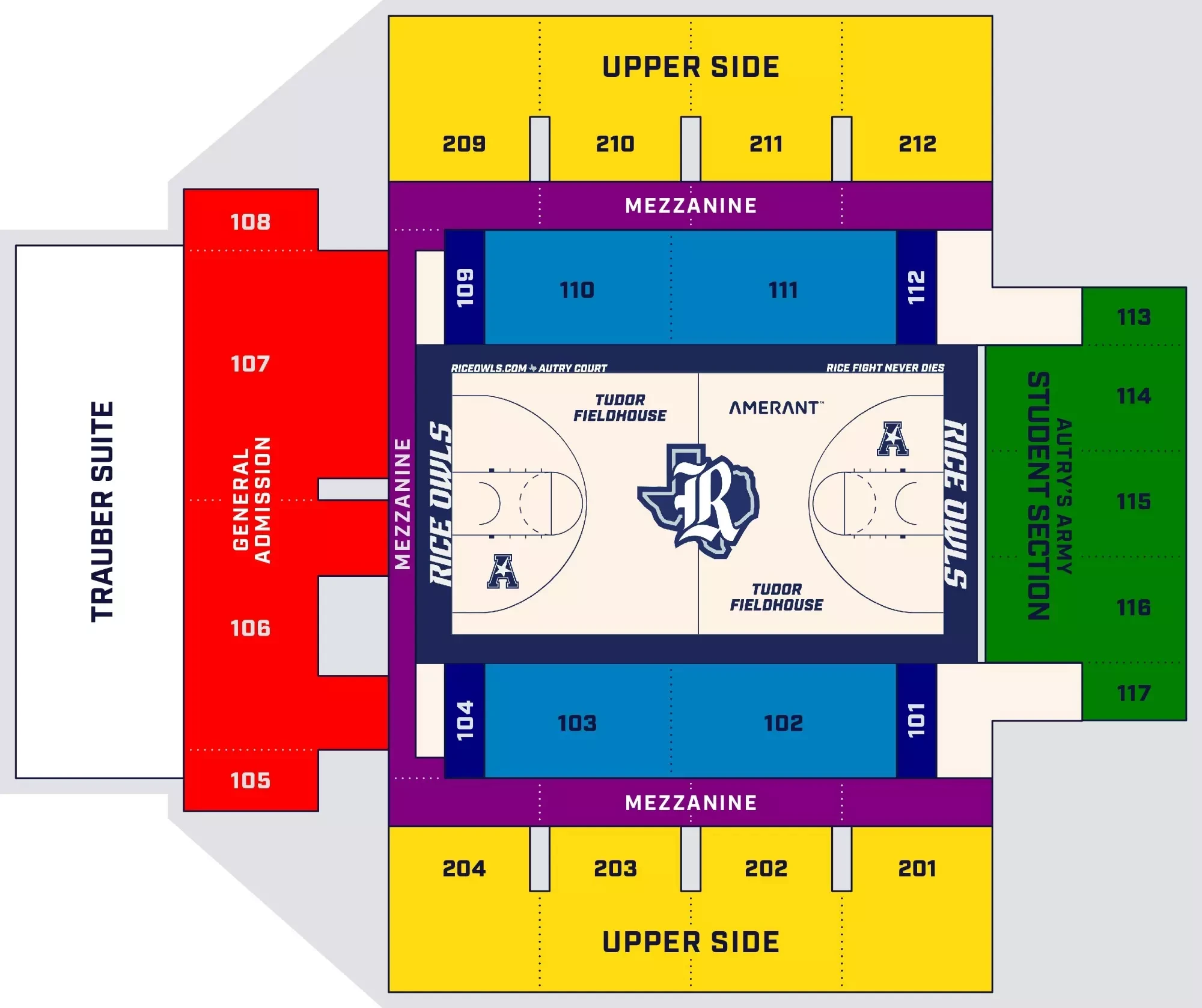 Tudor Fieldhouse: Seating chart, Men's basketball. Use the source chart for section and row details.