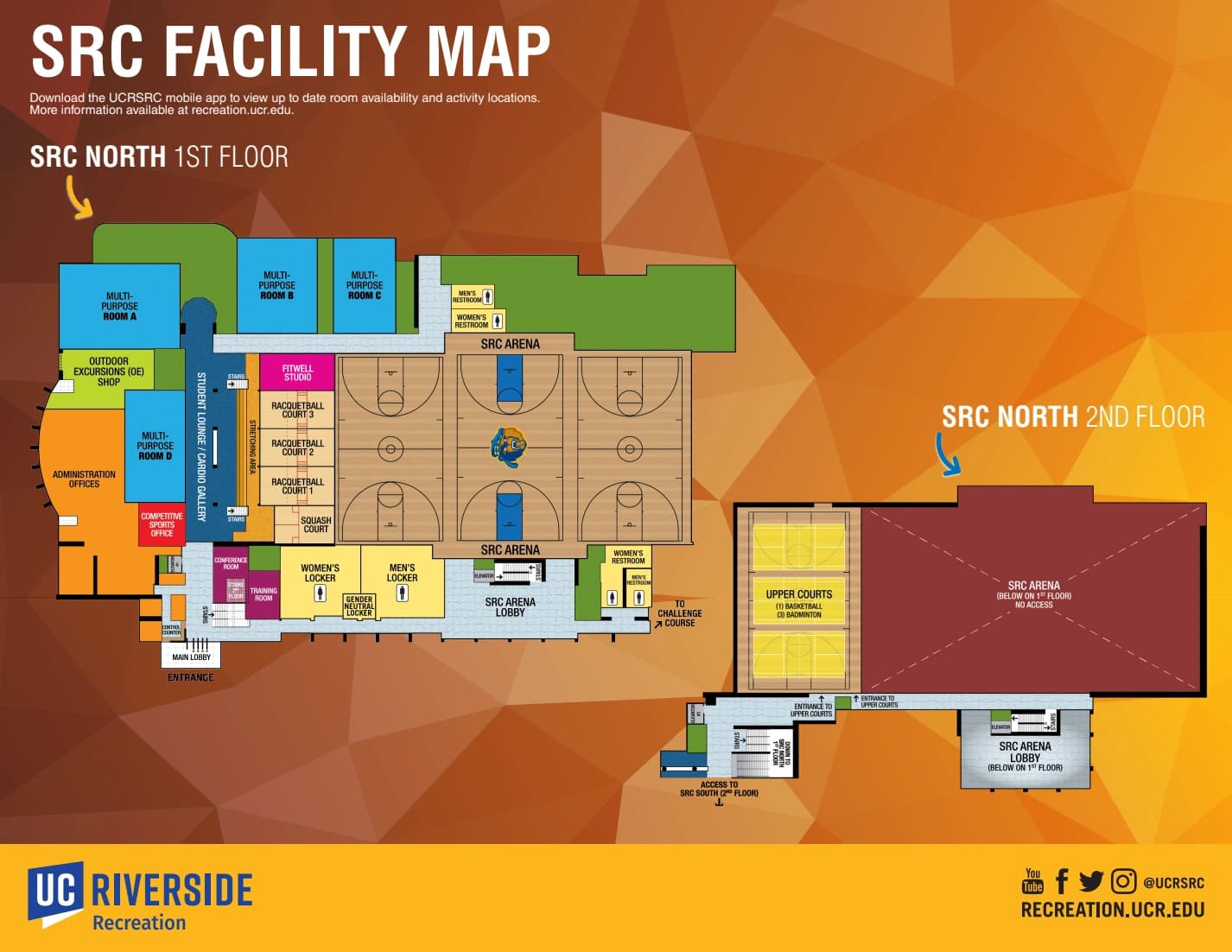 UC Riverside Student Recreation Center: Venue layout, 2021 reference · SRC North arena, lobby and upper-floor circulation. Use the original map for routes and visitor facilities.