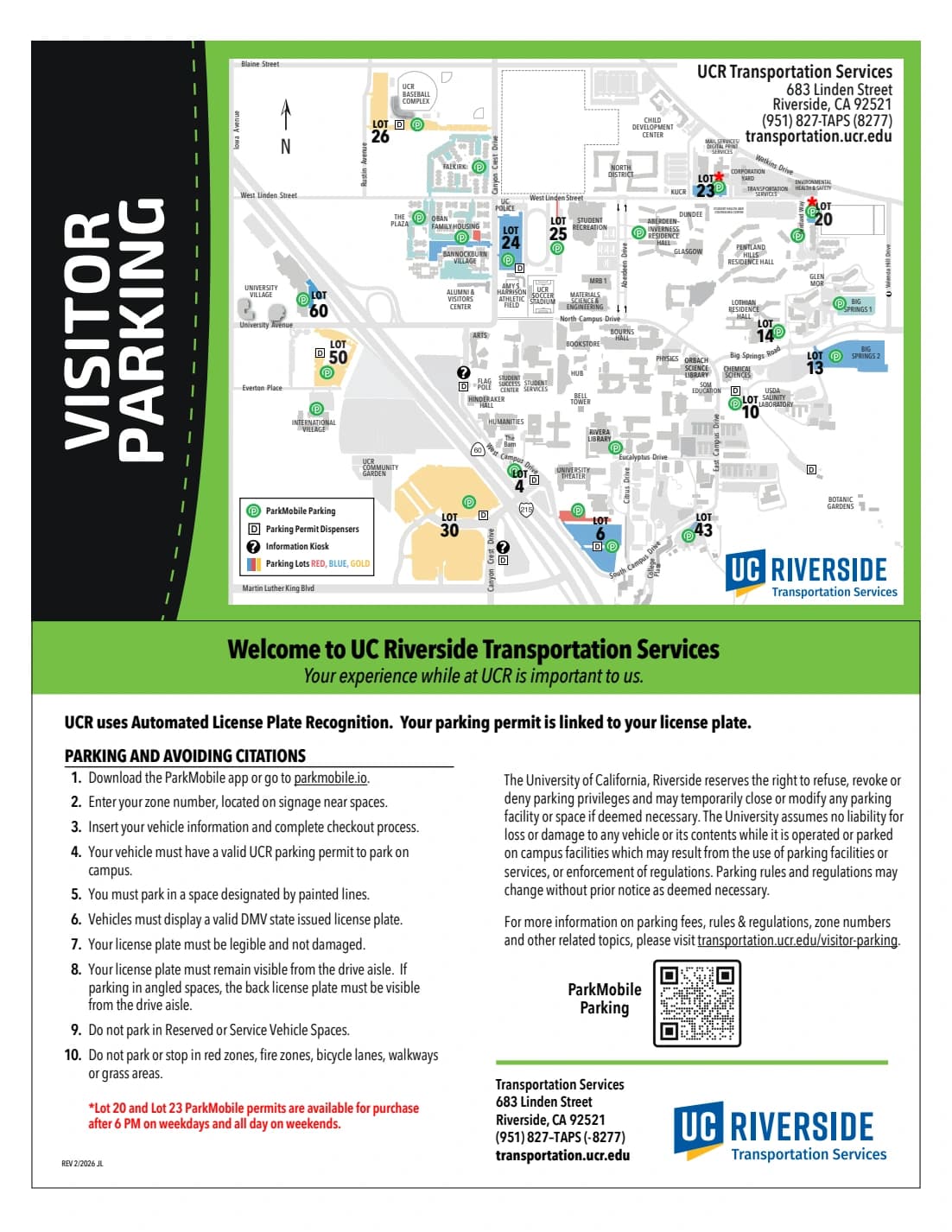UC Riverside Student Recreation Center: Venue layout, Revised February 2026 · UCR visitor parking and SRC approaches. Use the original map for routes and visitor facilities.