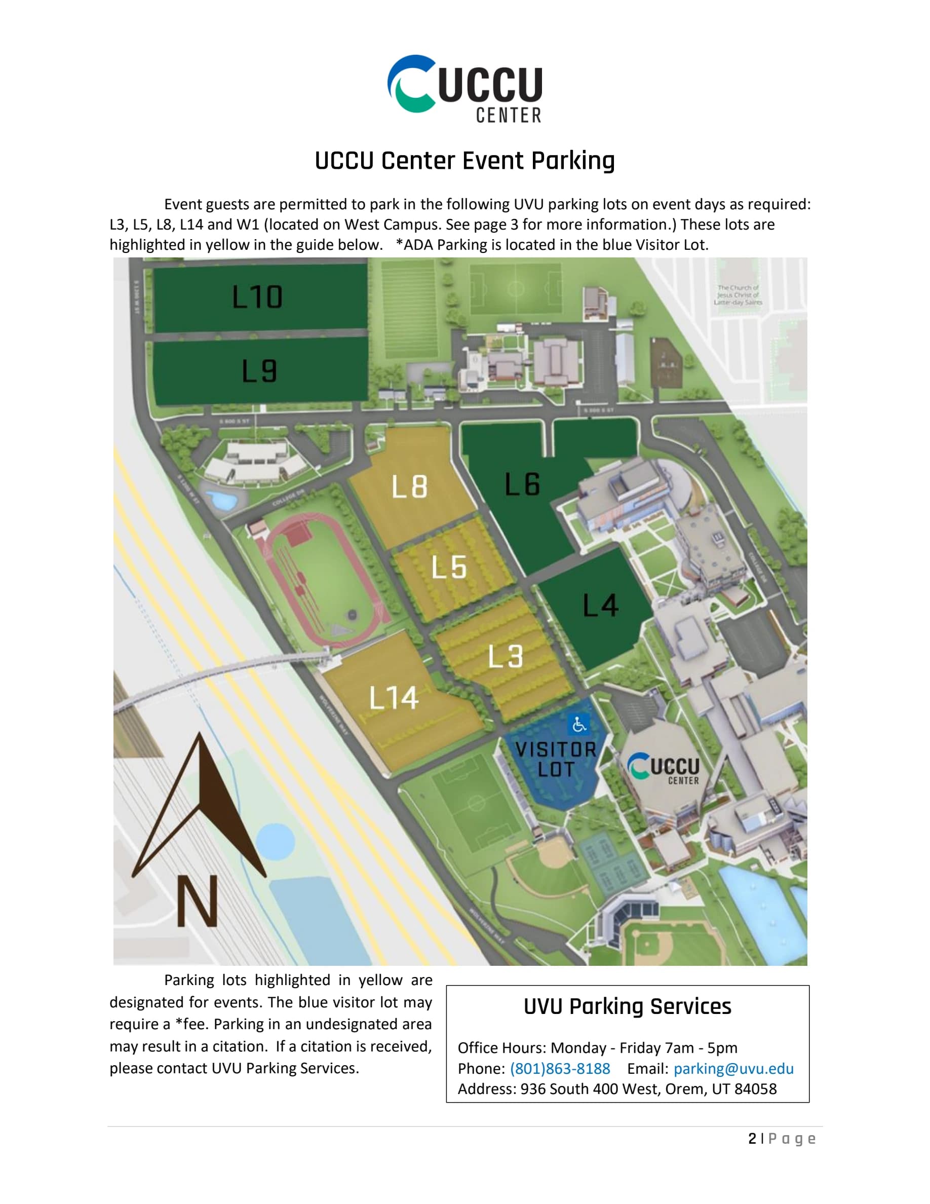 UCCU Center: Venue layout, Campus event-parking diagram. Use the original map for routes and visitor facilities.
