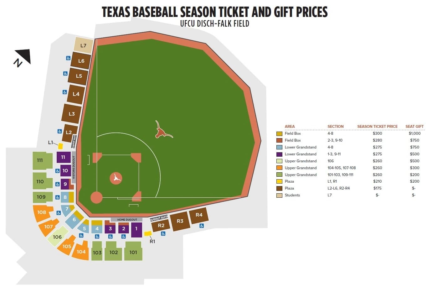 UFCU Disch–Falk Field: Seating chart, Texas Longhorns — baseball · 2026. Use the source chart for section and row details.