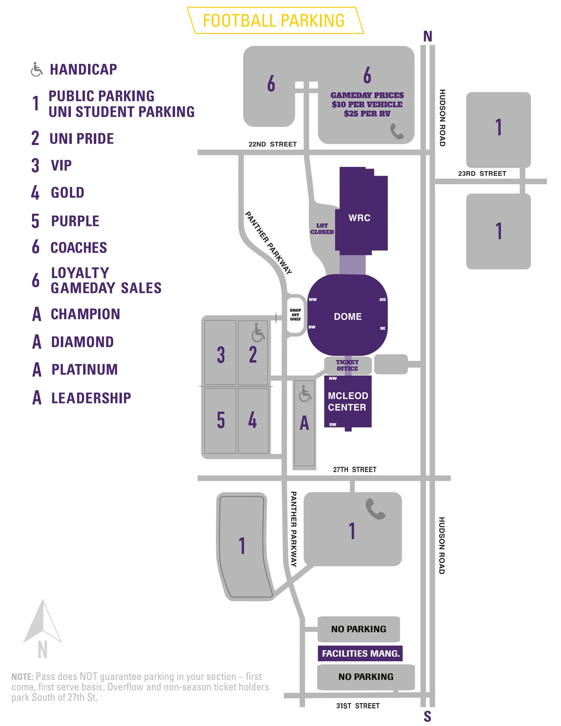 UNI-Dome: Venue layout, Football parking and entrances · 2026. Use the original map for routes and visitor facilities.