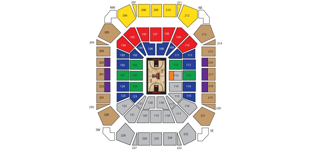 United Supermarkets Arena: Seating chart, 2026–27 Texas Tech men’s basketball season-ticket sections. Use the source chart for section and row details.