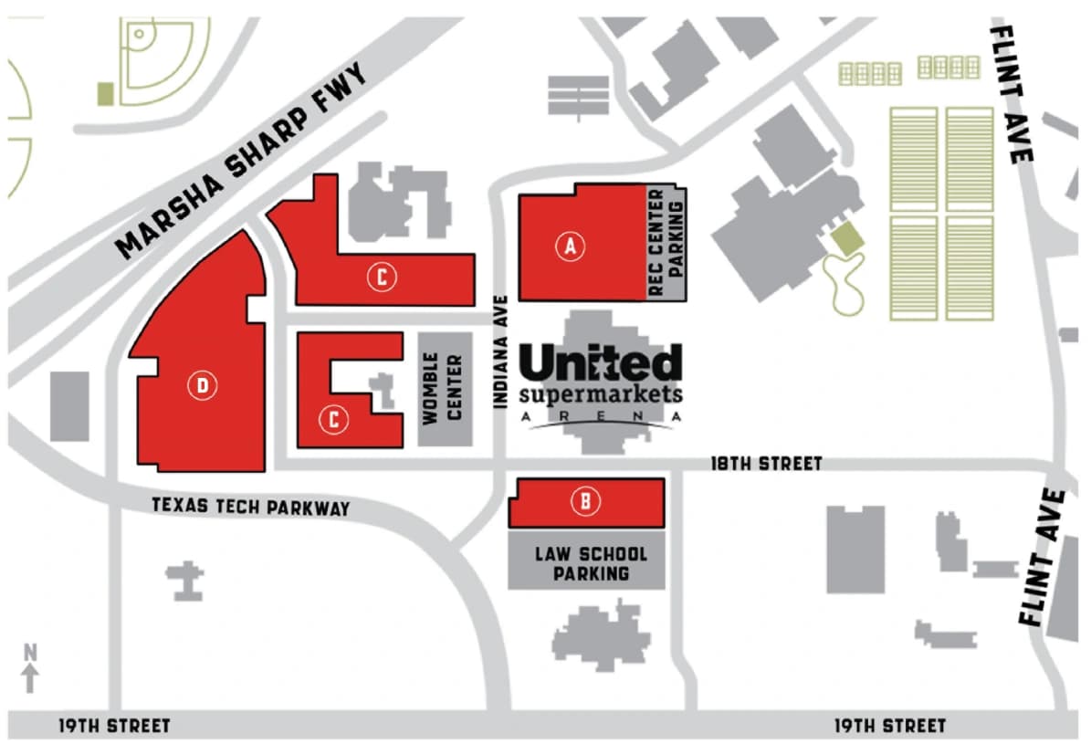 United Supermarkets Arena: Venue layout, 2026–27 Lady Raider basketball parking — reserved, season and free areas. Use the original map for routes and visitor facilities.