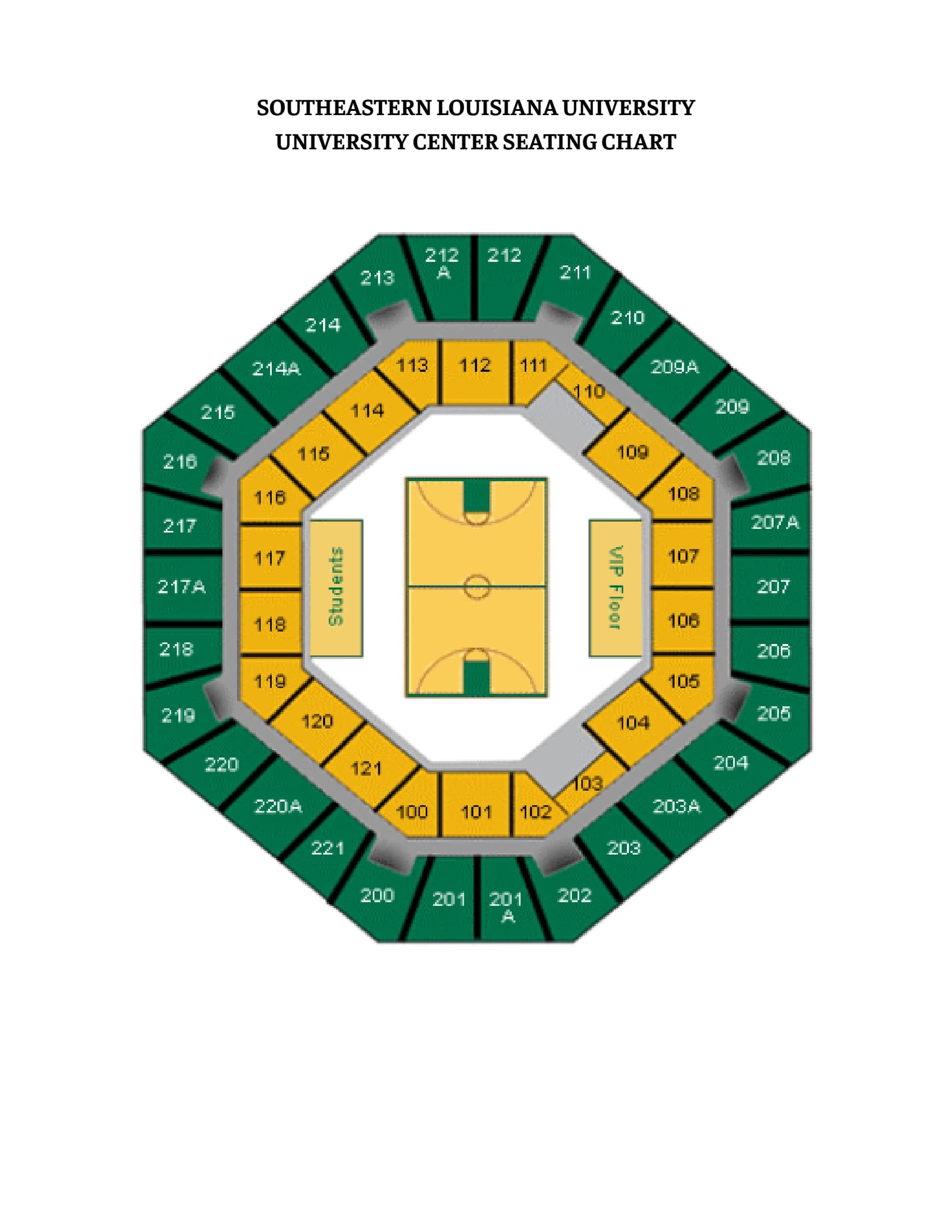 University Center: Seating chart, Basketball — University Center upper and lower sections. Use the source chart for section and row details.