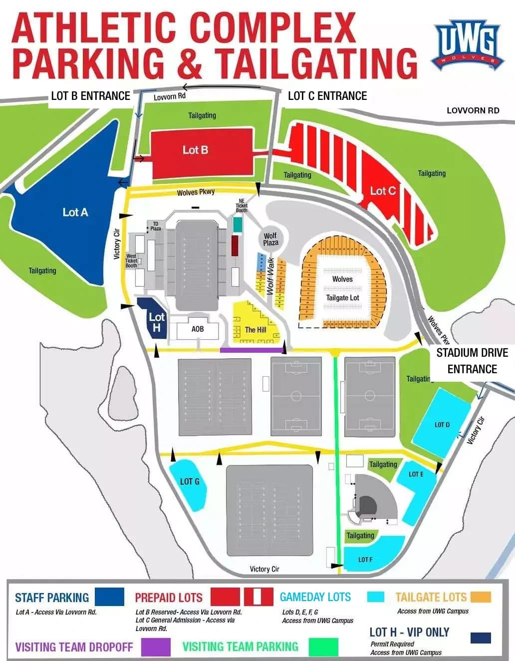 University Stadium: Venue layout, West Georgia — official current-linked 2025 football parking and tailgate plan. Use the original map for routes and visitor facilities.