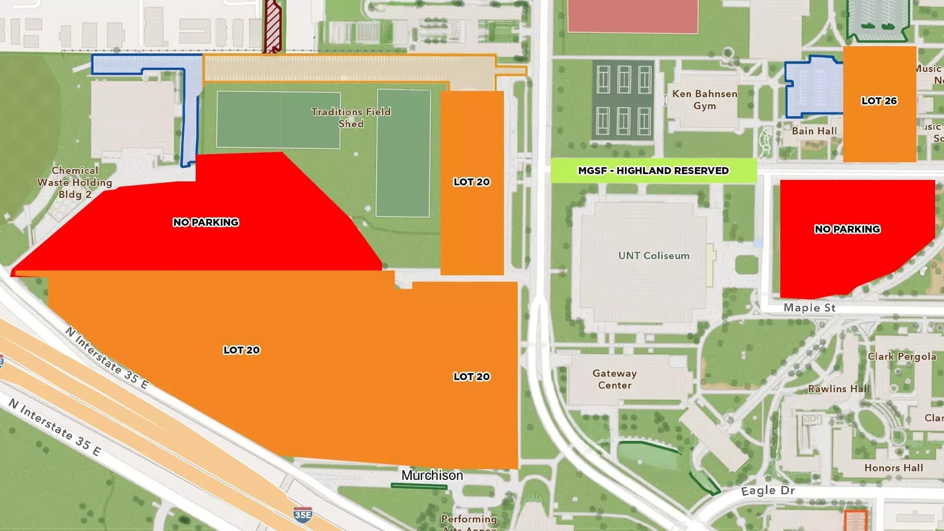 UNT Coliseum: Venue layout, 2024 basketball parking reference · Lots 20/26 and Highland Street. Use the original map for routes and visitor facilities.
