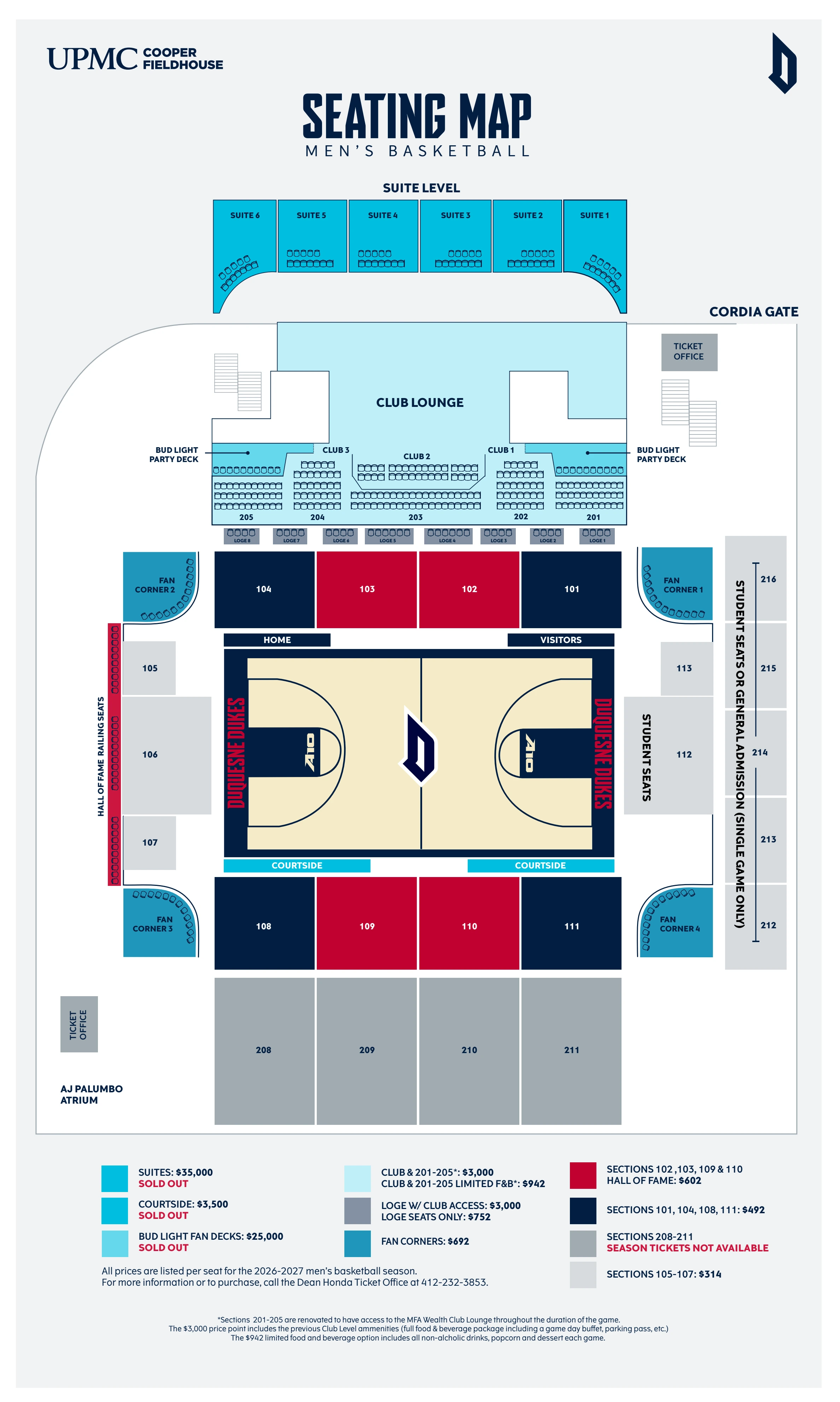 UPMC Cooper Fieldhouse: Seating chart, UPMC Cooper Fieldhouse — 2026–27 men’s basketball. Use the source chart for section and row details.