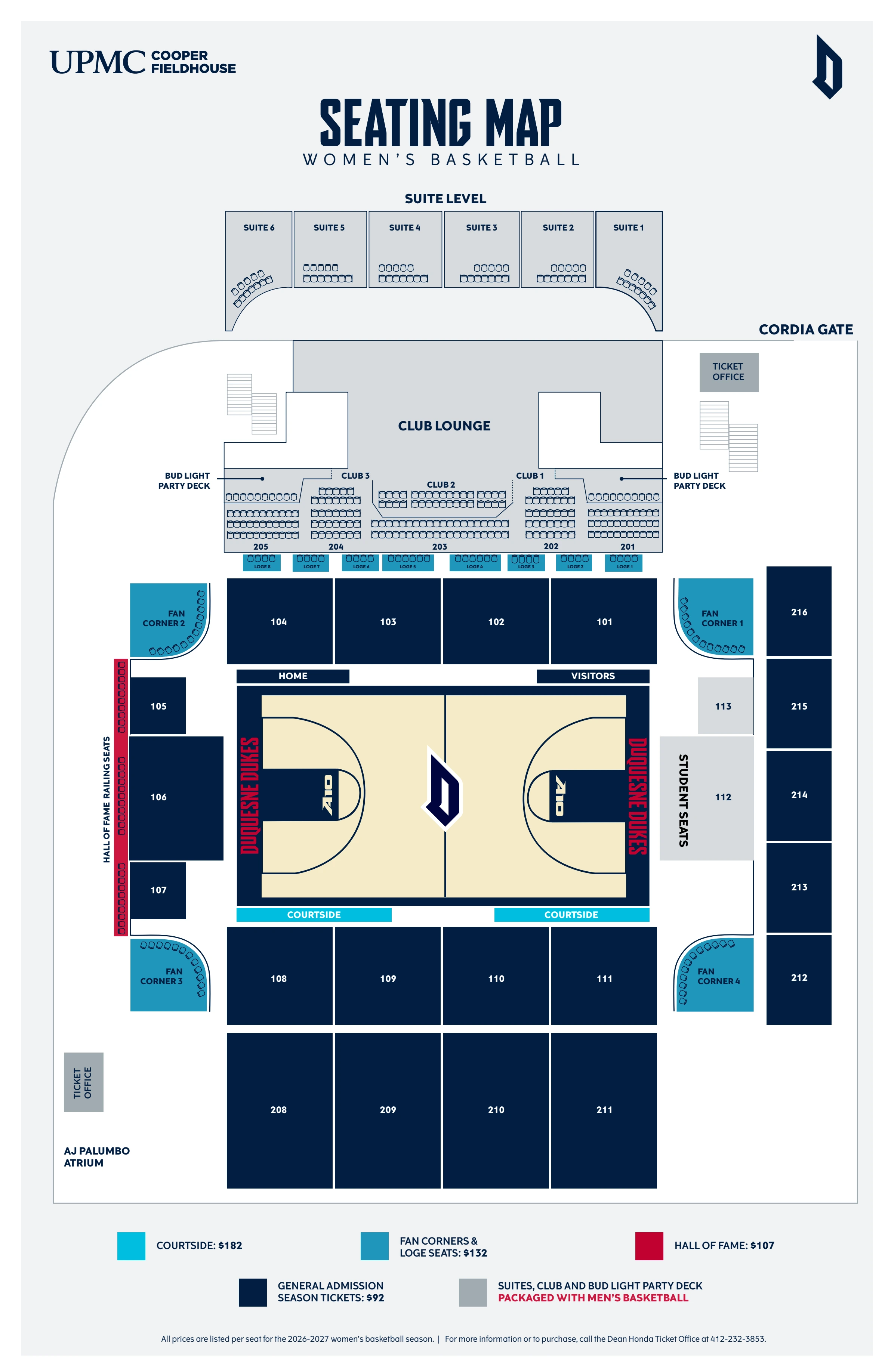 UPMC Cooper Fieldhouse: Seating chart, UPMC Cooper Fieldhouse — 2026–27 women’s basketball. Use the source chart for section and row details.