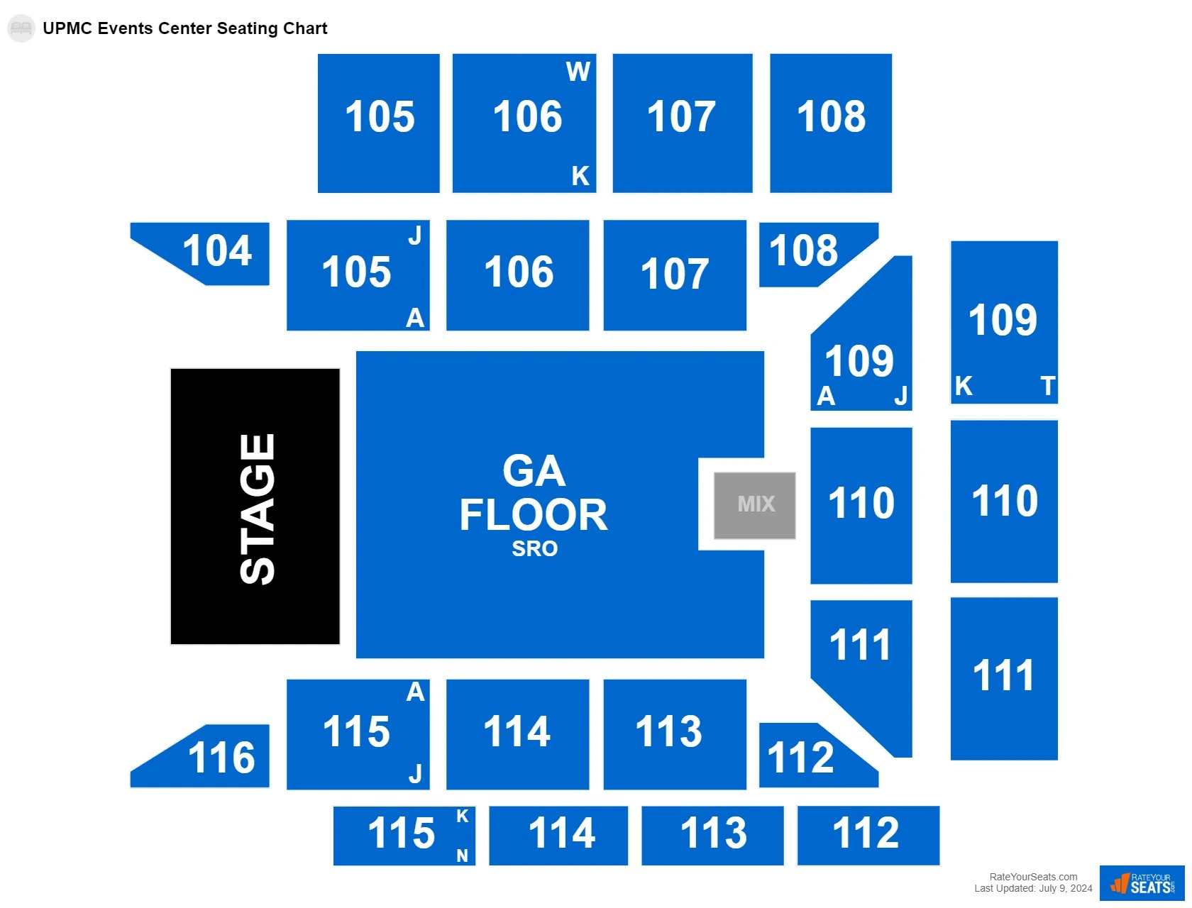 UPMC Events Center: Seating chart, Concert seating · end-stage example. Use the source chart for section and row details.