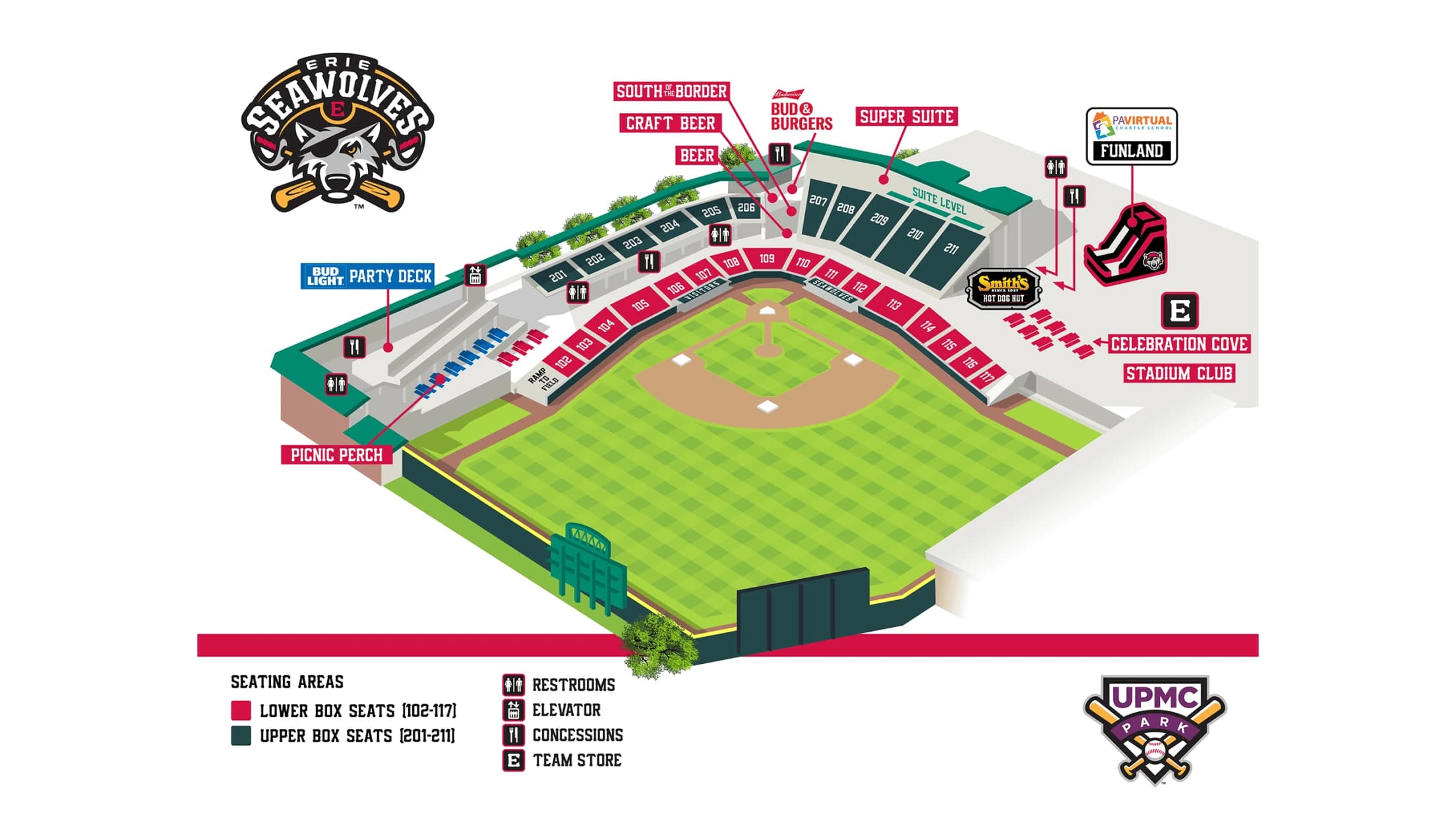 UPMC Park: Seating chart, UPMC Park — official-linked numbered sections and ballpark amenities. Use the source chart for section and row details.