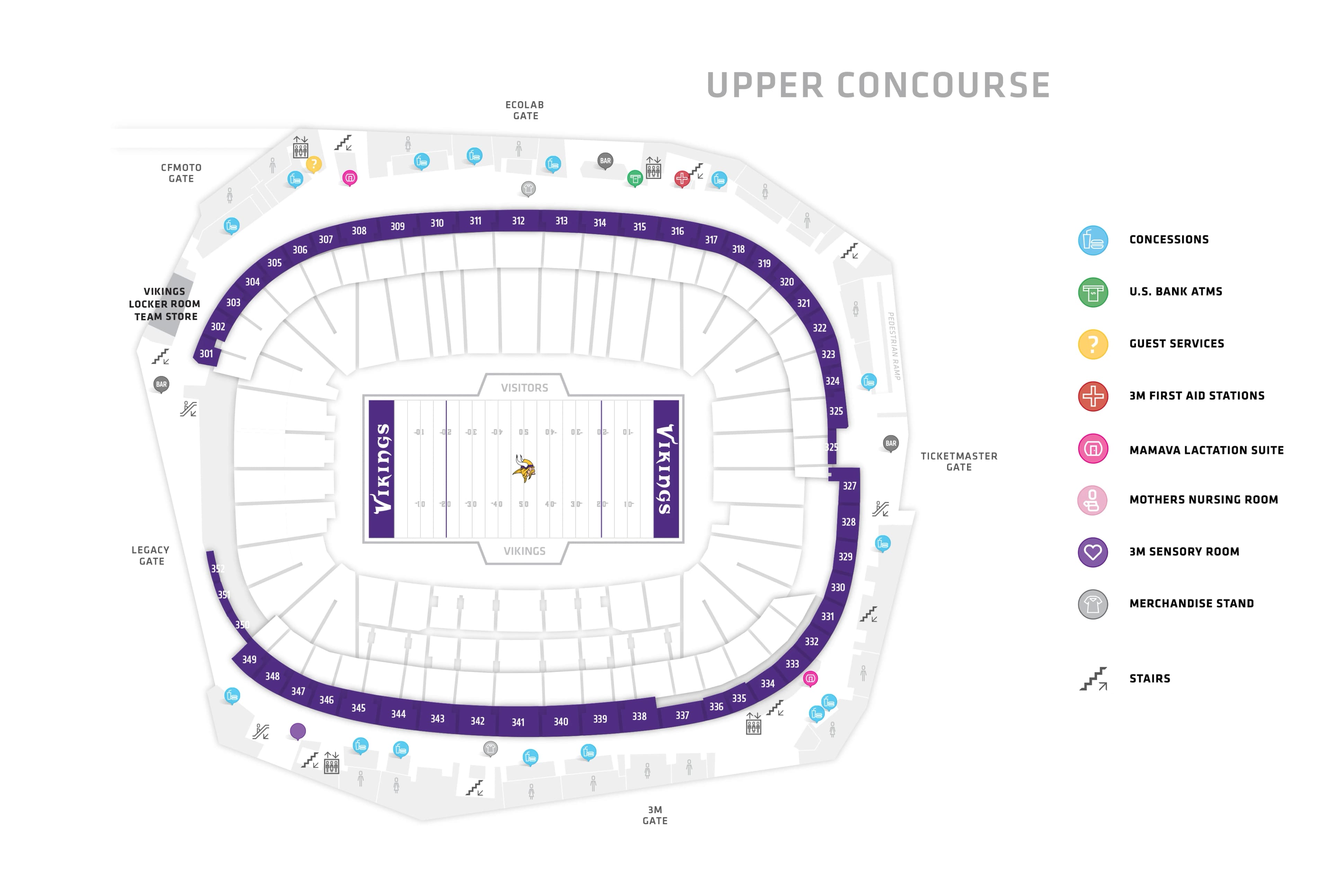 U.S. Bank Stadium: Seating chart, U.S. Bank Stadium — Upper Concourse. Use the source chart for section and row details.
