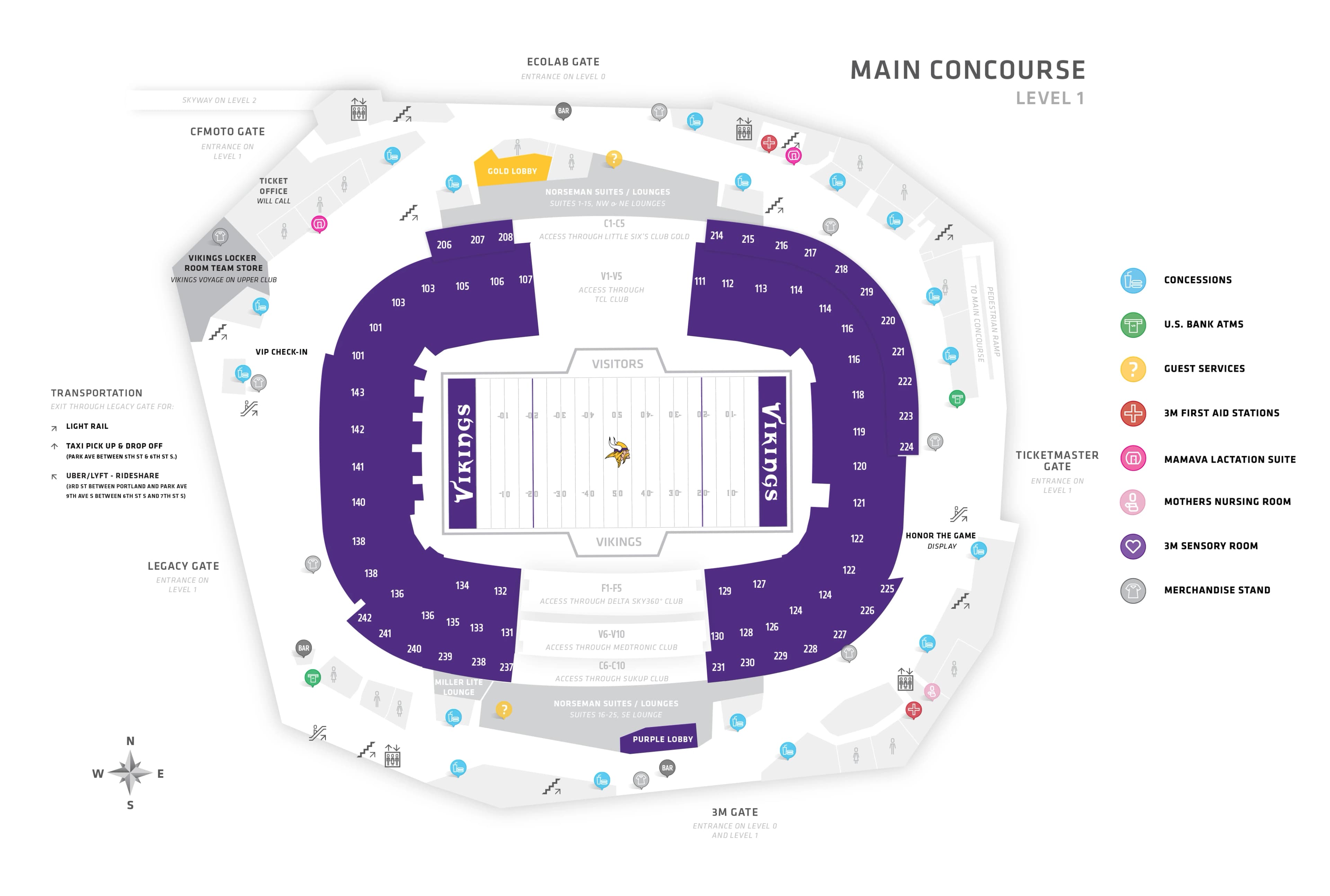 U.S. Bank Stadium: Seating chart, U.S. Bank Stadium — Main Concourse, Level 1. Use the source chart for section and row details.