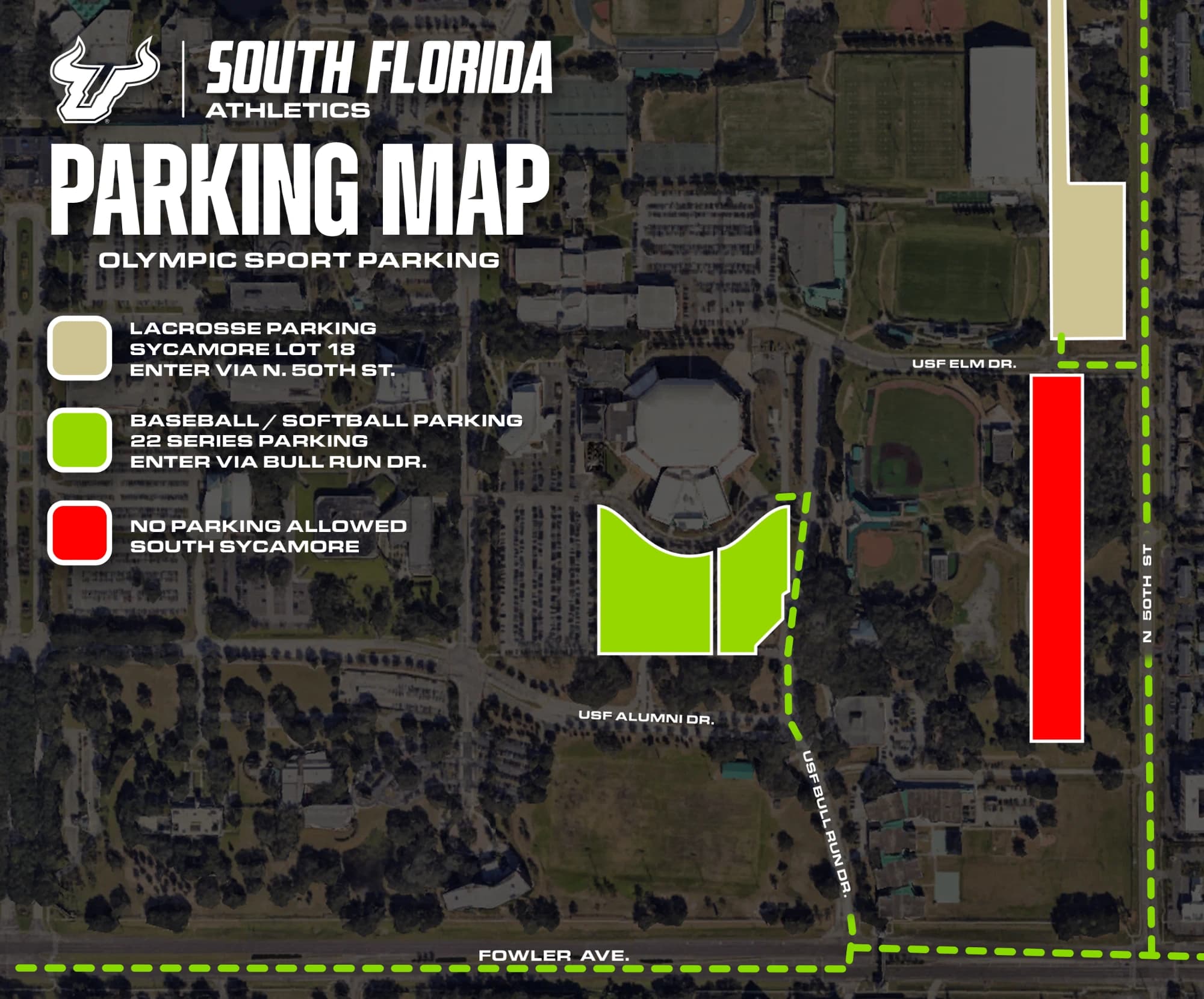 USF Baseball Stadium: Venue layout, USF Baseball Stadium — official standard baseball/softball parking plan. Use the original map for routes and visitor facilities.