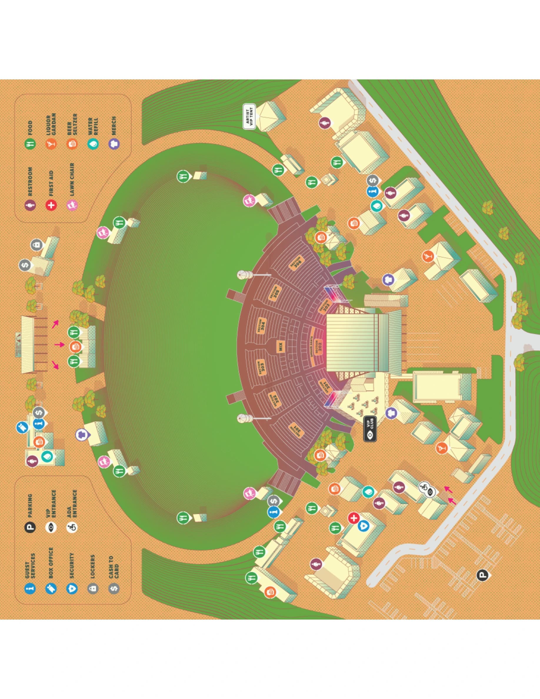 Utah First Credit Union Amphitheatre: Venue layout, Utah First Credit Union Amphitheatre — official grounds and amenities map. Use the original map for routes and visitor facilities.