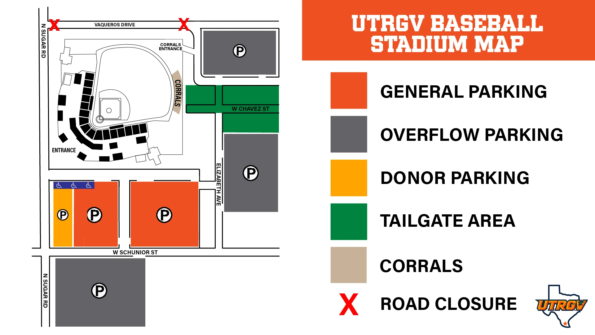 UTRGV Baseball Stadium: Venue layout, UTRGV Baseball Stadium — official-linked baseball parking and road-closure plan. Use the original map for routes and visitor facilities.
