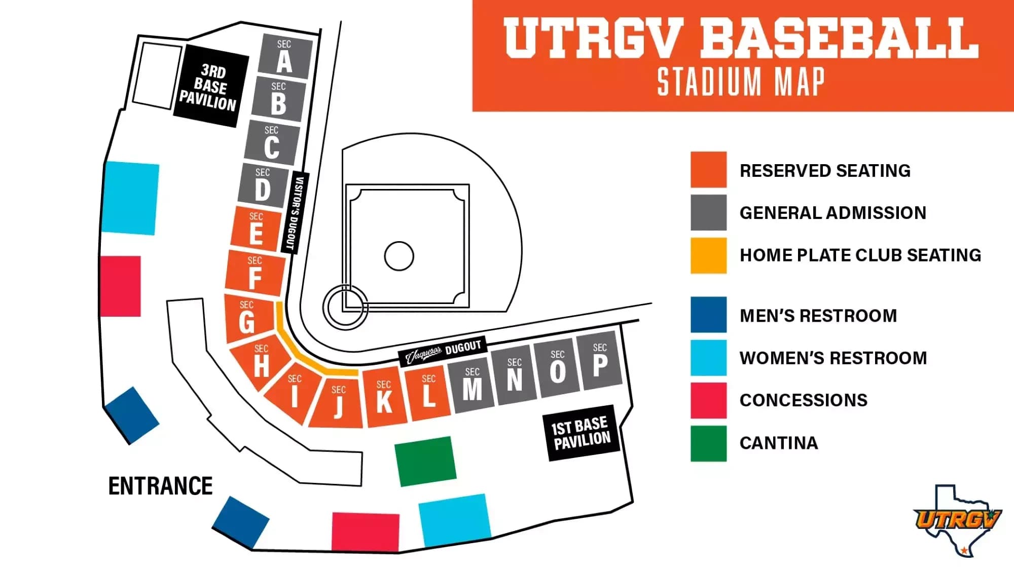 UTRGV Baseball Stadium: Seating chart, UTRGV Baseball Stadium — official lettered seating and amenities diagram. Use the source chart for section and row details.