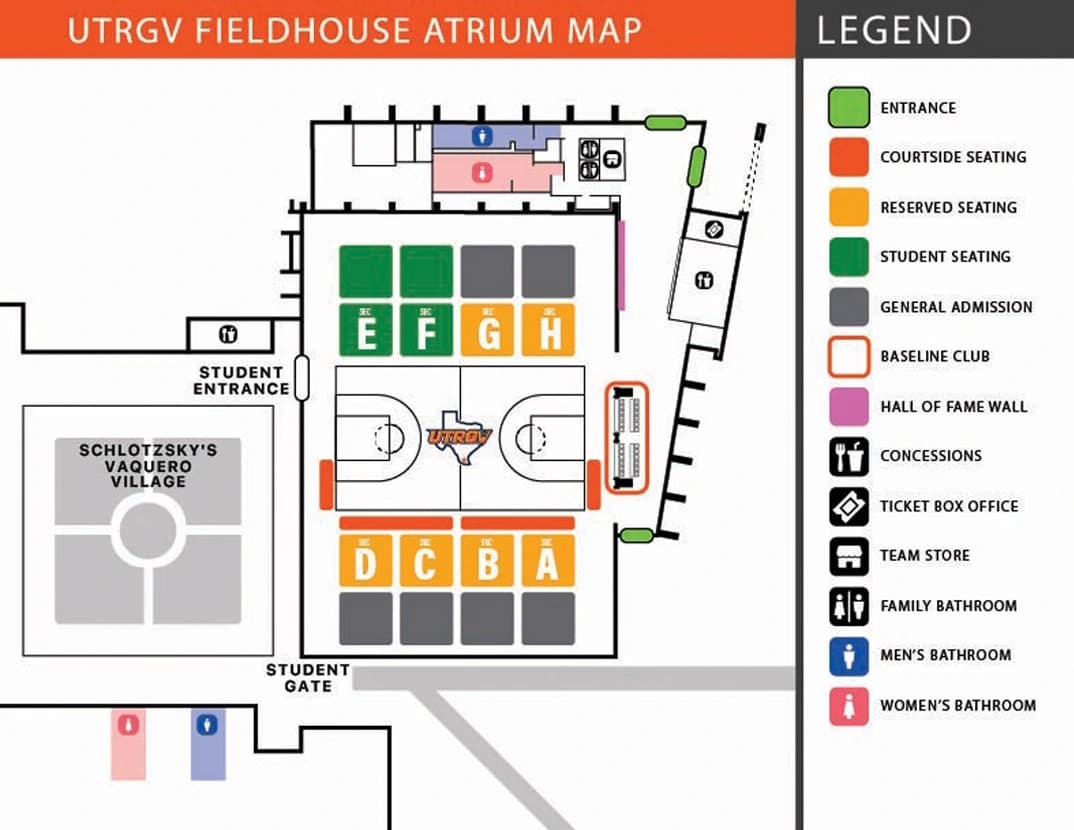 UTRGV Fieldhouse: Seating chart, UTRGV Fieldhouse — basketball seating and new atrium. Use the source chart for section and row details.