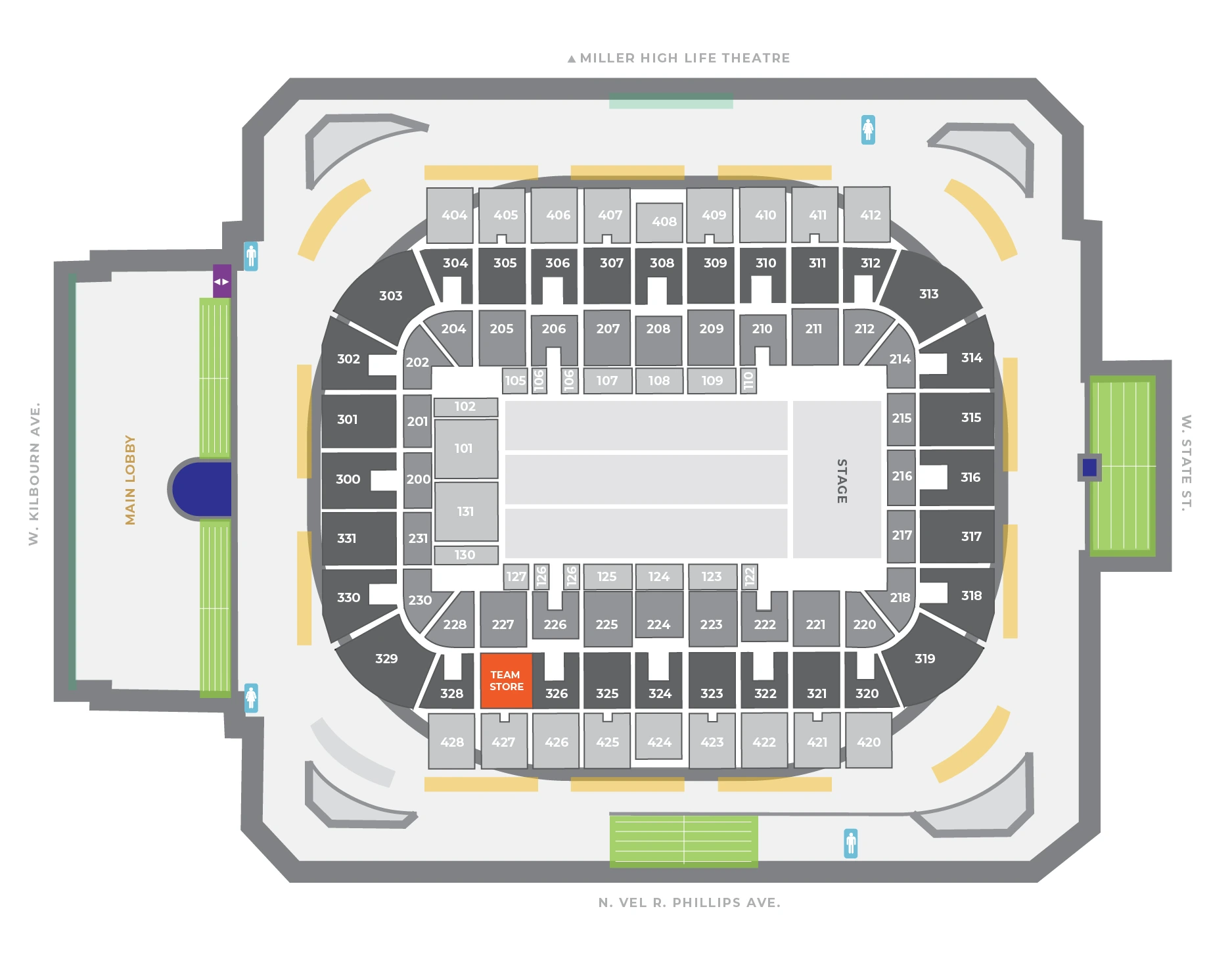 UW–Milwaukee Panther Arena: Seating chart, Main floor and concourse; 2024 source. Use the source chart for section and row details.
