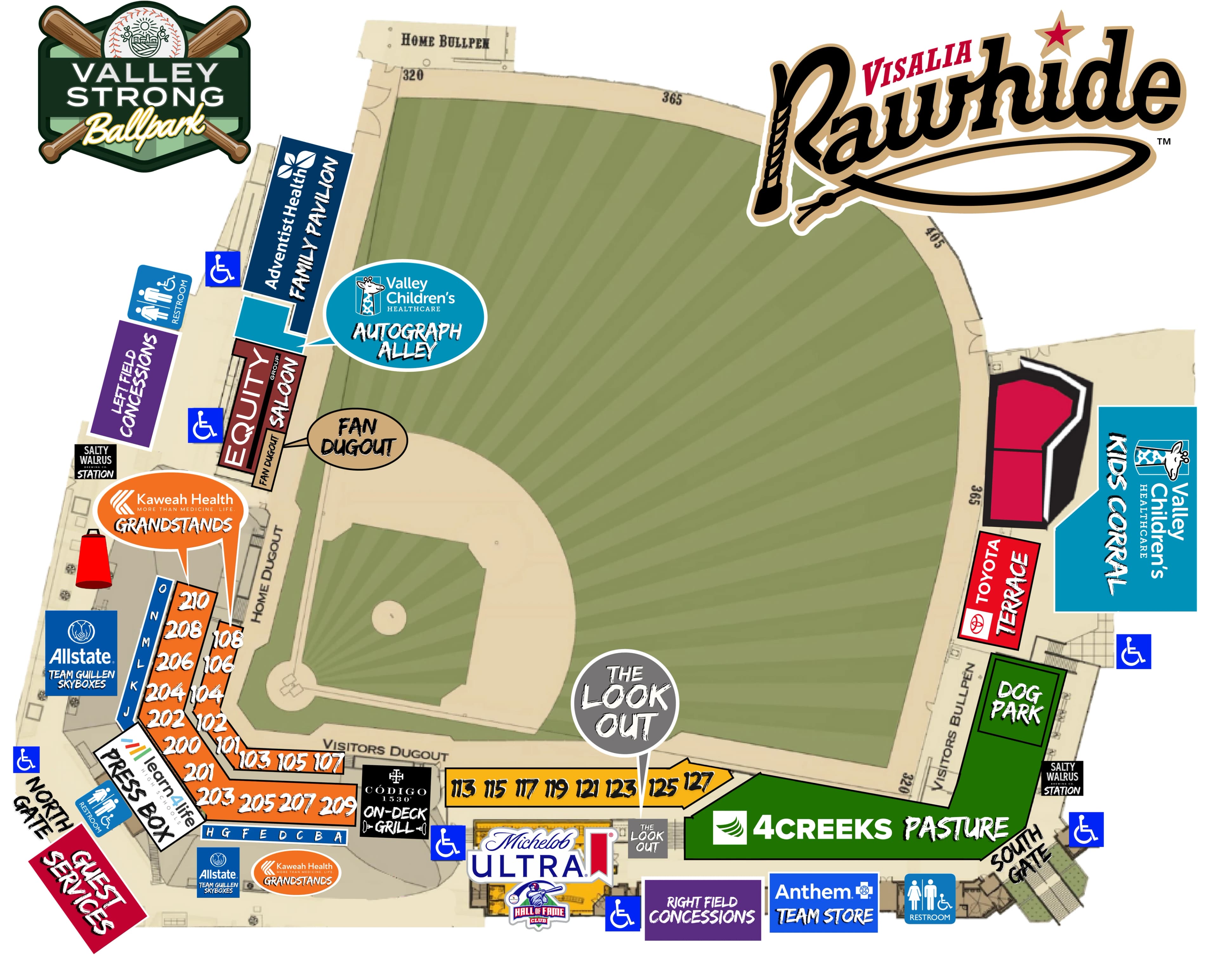 Valley Strong Ballpark: Seating chart, Valley Strong Ballpark — official 2026 seating and amenities. Use the source chart for section and row details.
